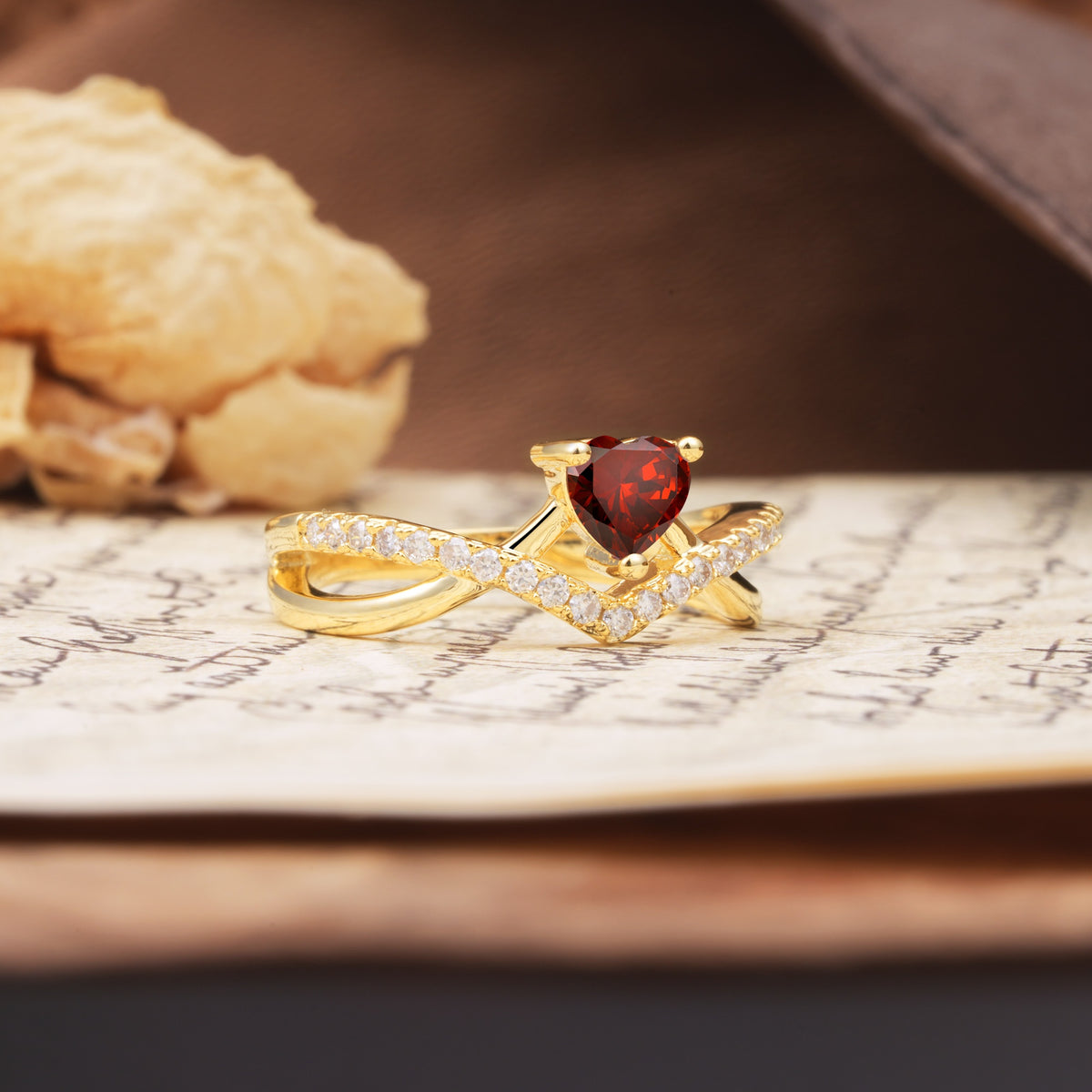 Unique Luxurious 3-Prong Heart-Cut Garnet Engagement Ring - Additional view