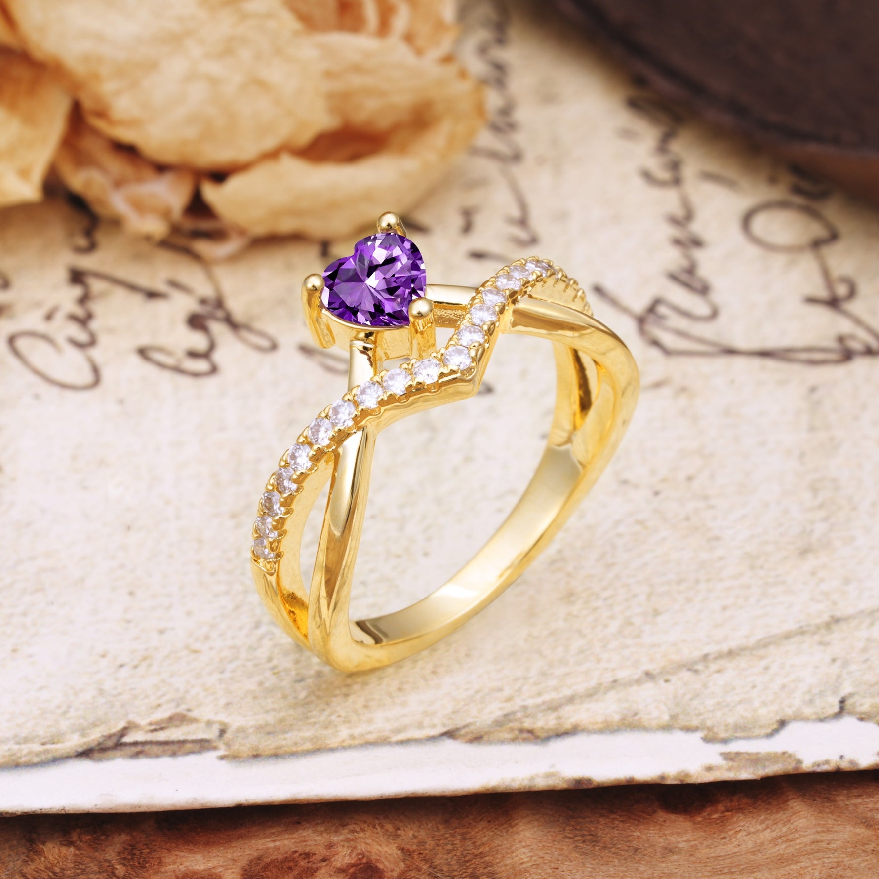 Unique Luxurious 3-Prong Heart-Cut Amethyst Engagement Ring - Additional view