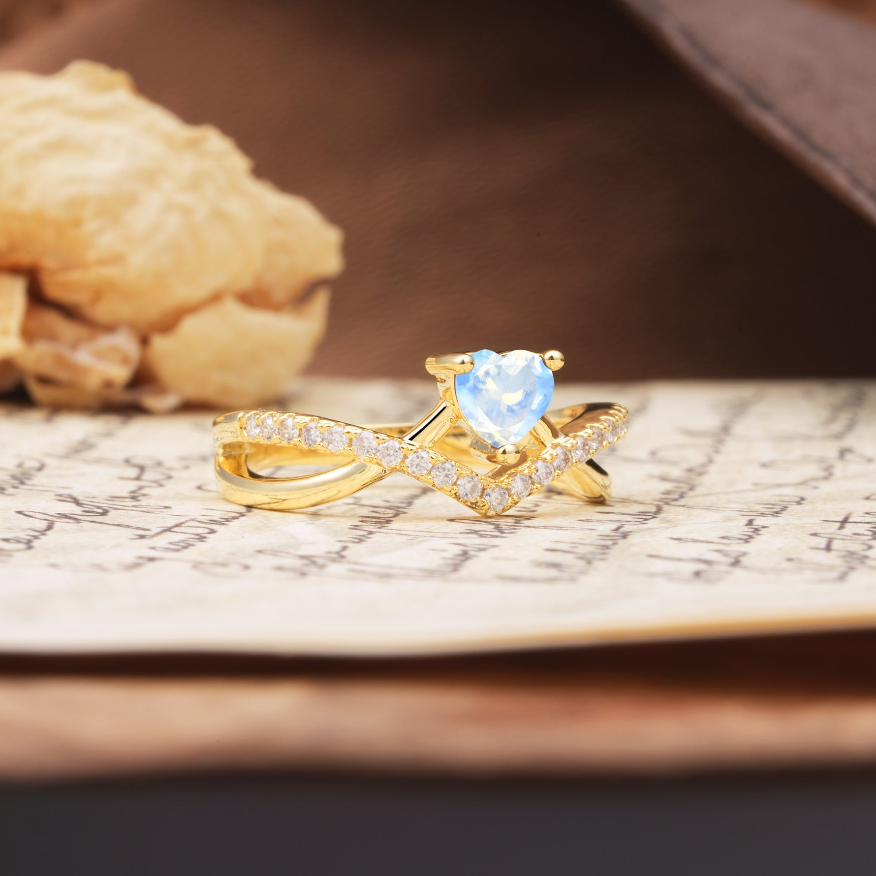 Unique Luxurious 3-Prong Heart-Cut Moonstone Engagement Ring - Additional view