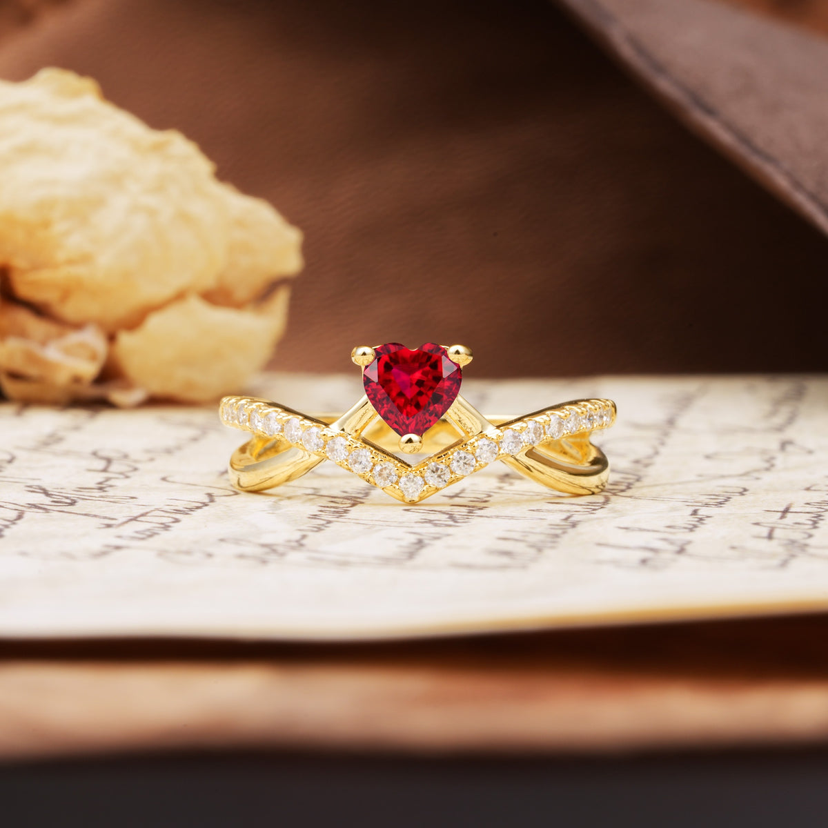 Unique Luxurious 3-Prong Heart-Cut Ruby Engagement Ring - Additional view