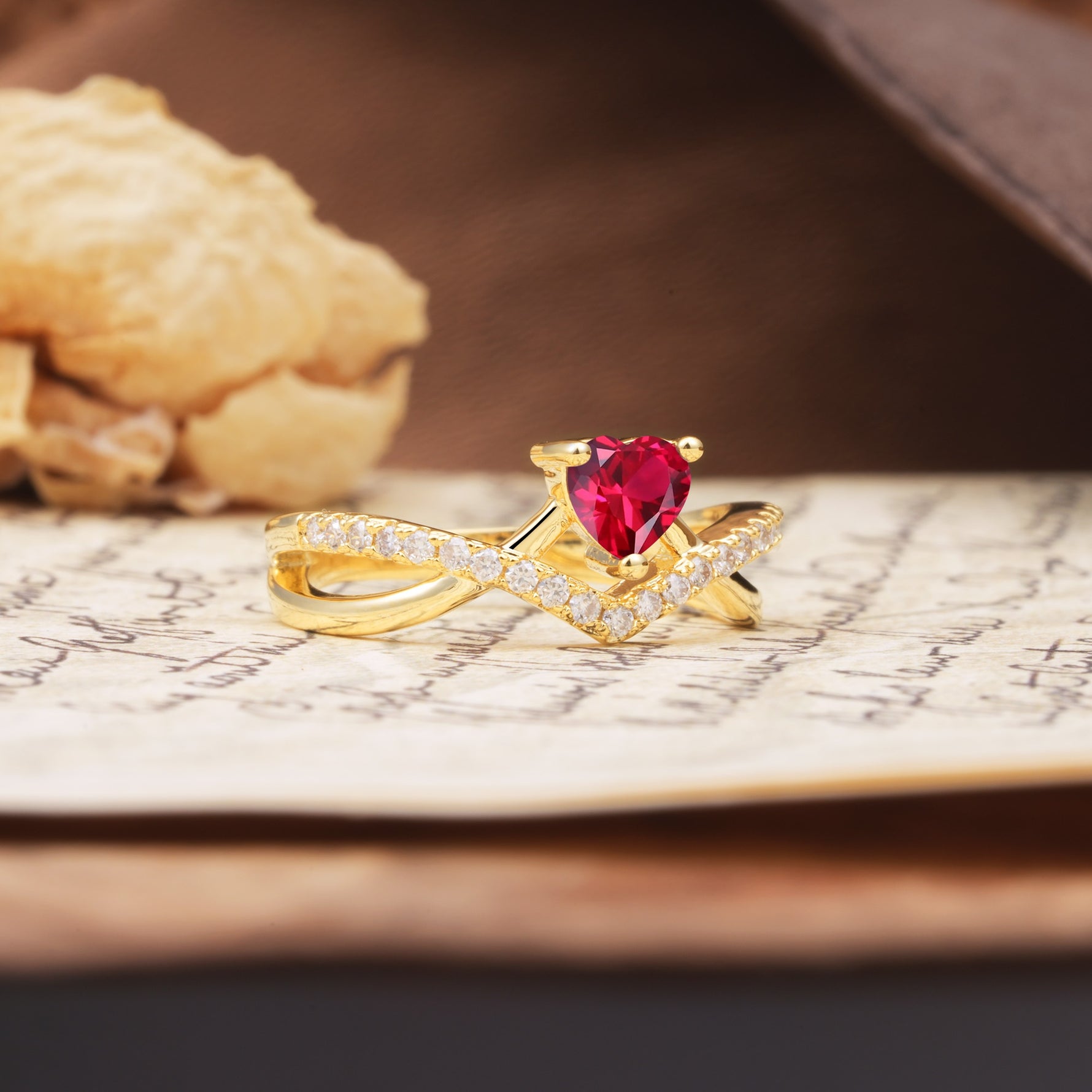 Unique Luxurious 3-Prong Heart-Cut Ruby Engagement Ring - Additional view