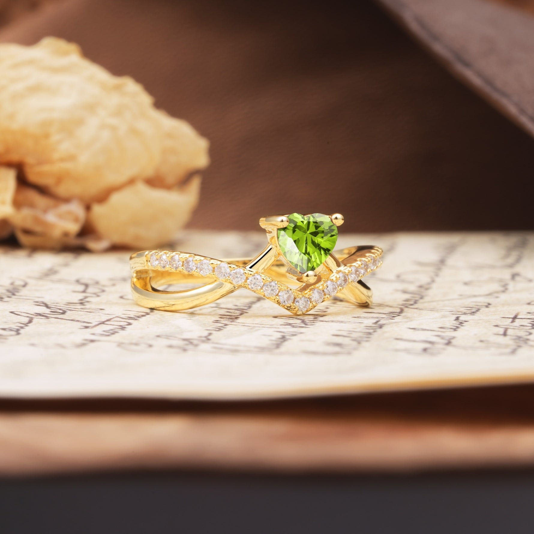 Unique Luxurious 3-Prong Heart-Cut Peridot Engagement Ring - Additional view