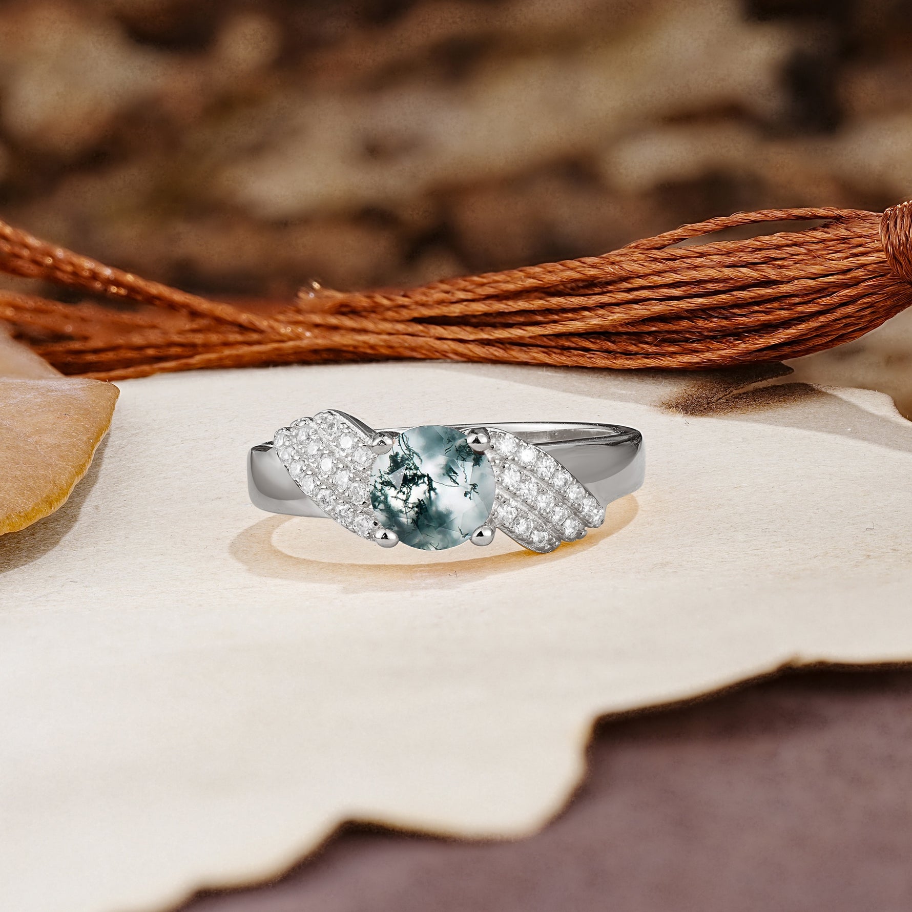 Unique Luxury 4-Prong Round Cut Moss Agate Engagement Ring - Additional view