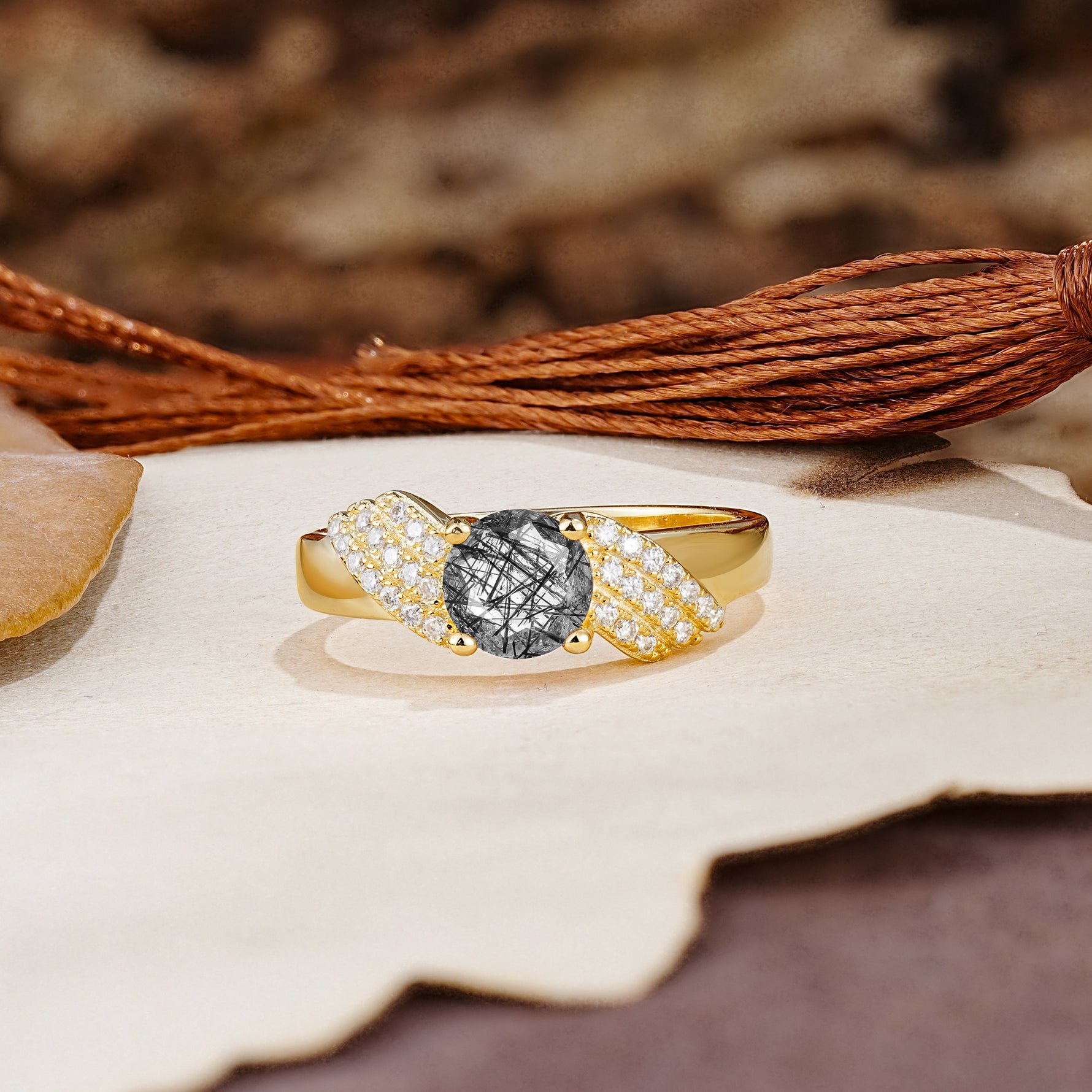 Unique Luxury 4-Prong Round Cut Black Rutilated Quartz Engagement Ring - Additional view