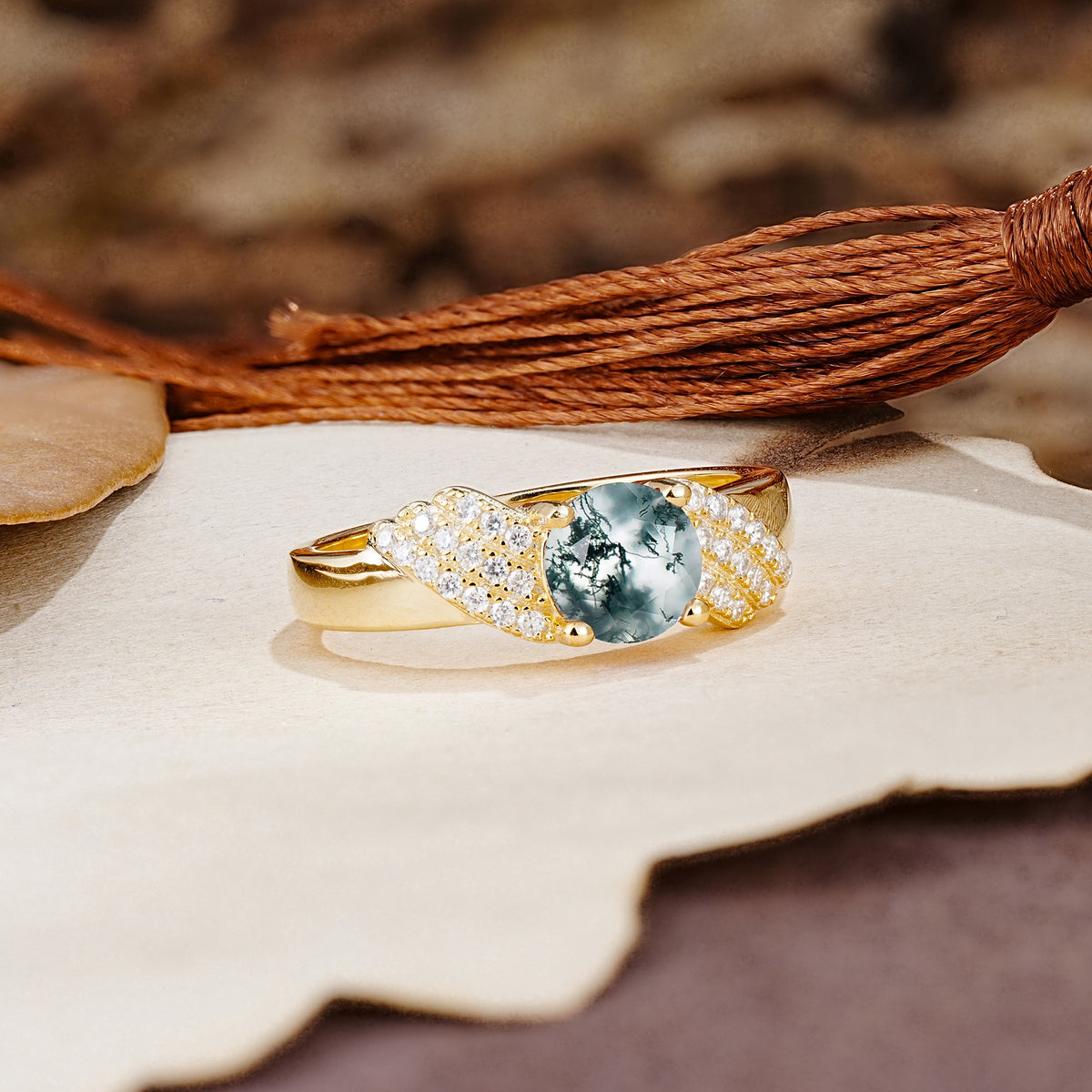 Unique Luxury 4-Prong Round Cut Moss Agate Engagement Ring - Additional view