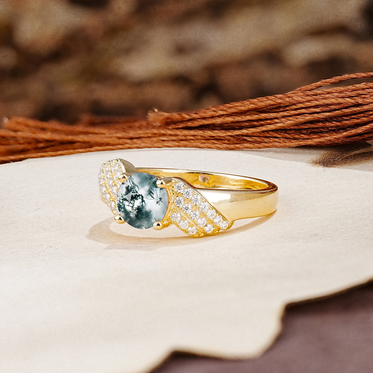 Unique Luxury 4-Prong Round Cut Moss Agate Engagement Ring - Additional view