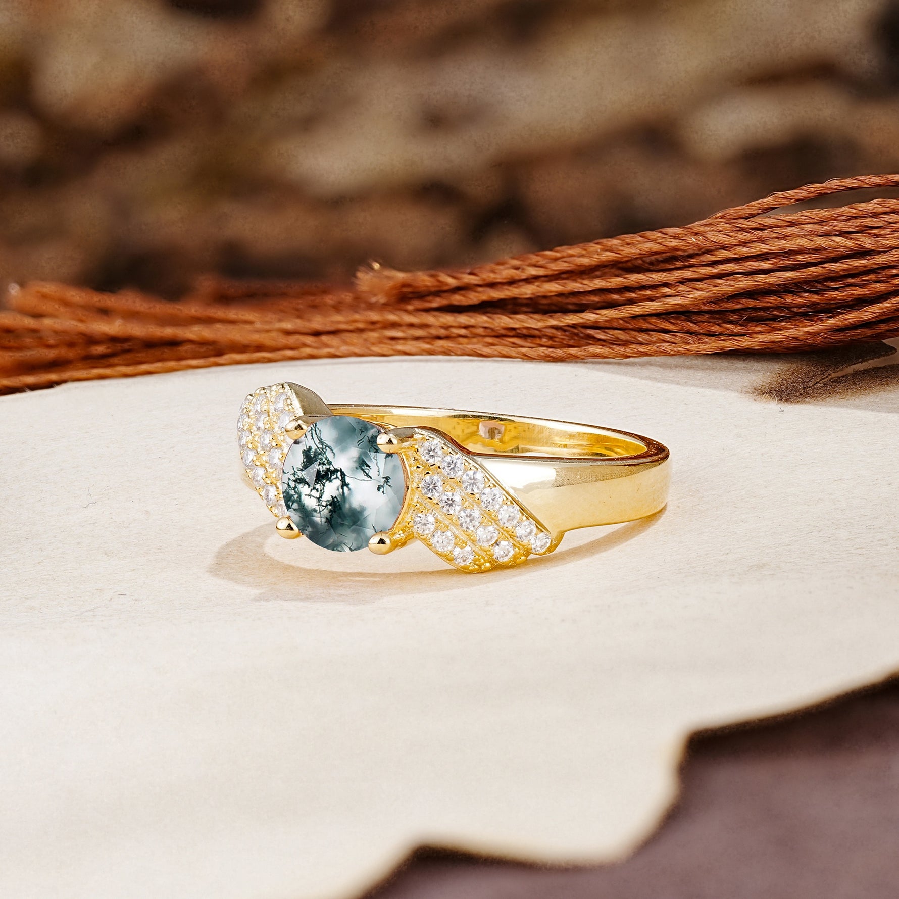 Unique Luxury 4-Prong Round Cut Moss Agate Engagement Ring - Additional view