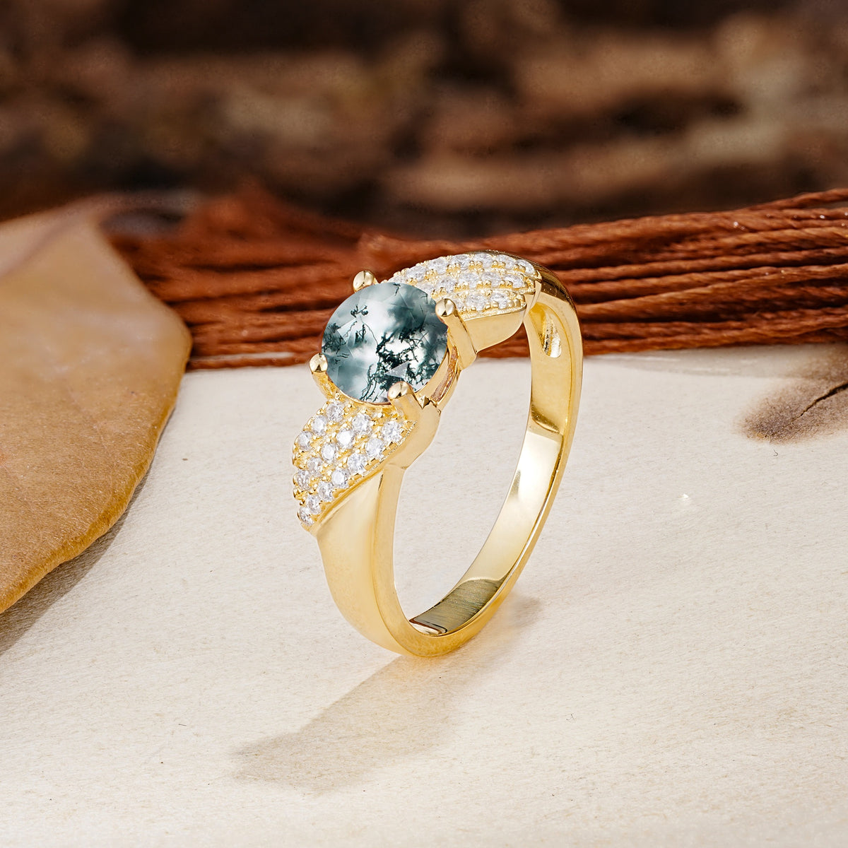 Unique Luxury 4-Prong Round Cut Moss Agate Engagement Ring - Additional view