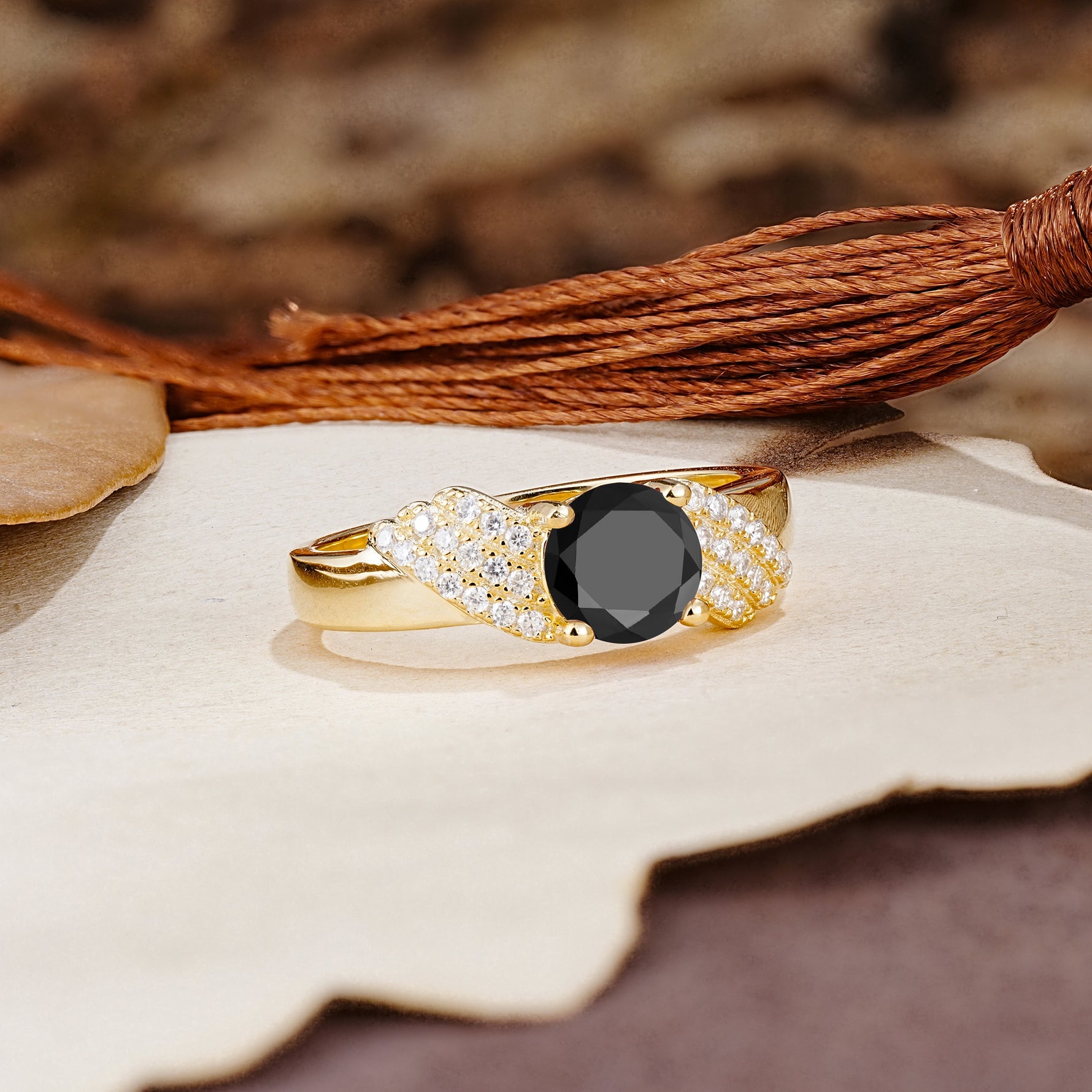 Unique Luxury 4-Prong Round Cut Black Onyx Engagement Ring - Additional view