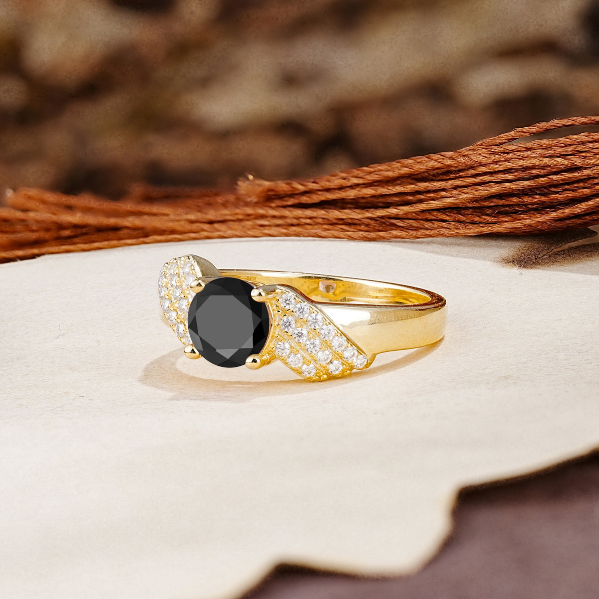 Unique Luxury 4-Prong Round Cut Black Onyx Engagement Ring - Additional view