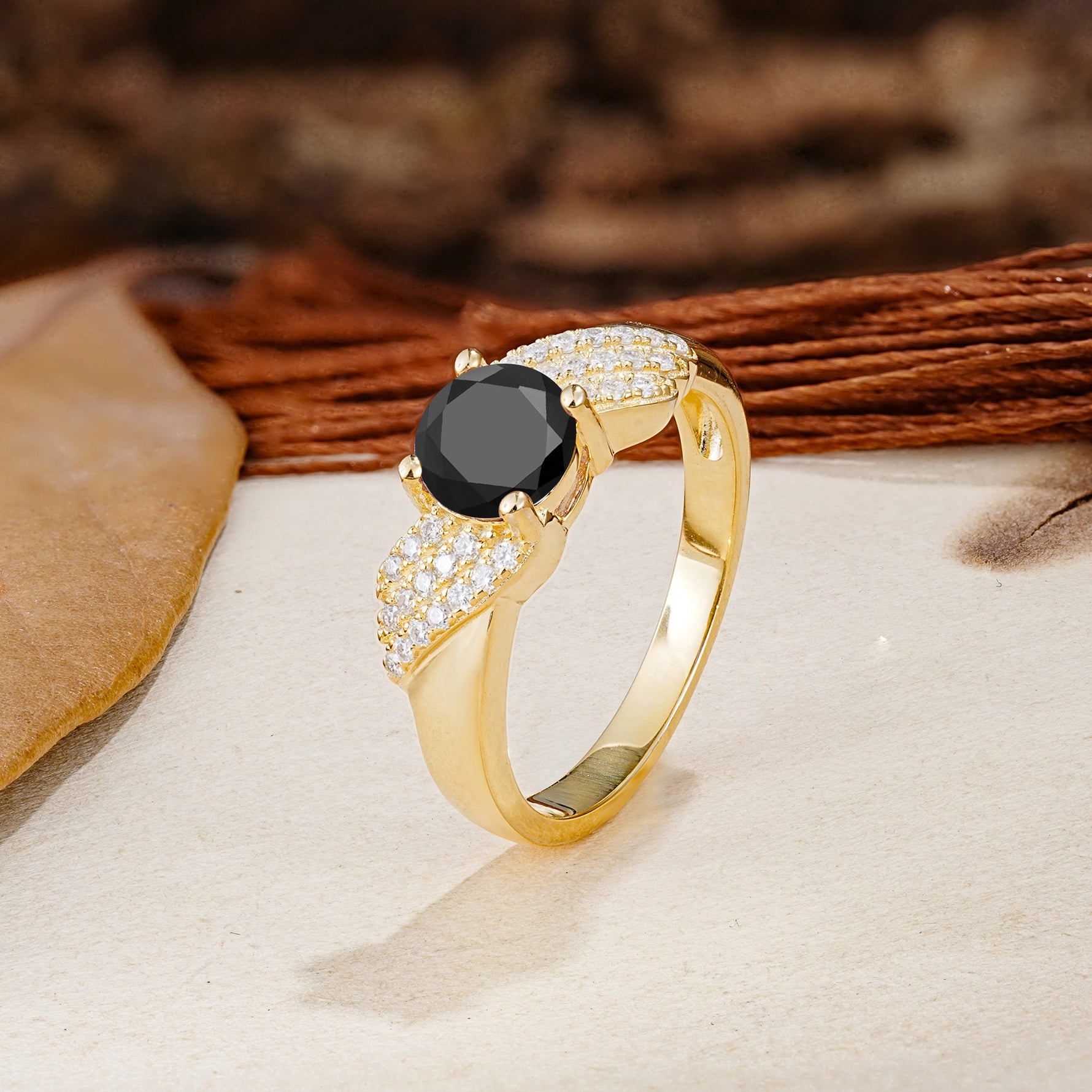 Unique Luxury 4-Prong Round Cut Black Onyx Engagement Ring - Additional view
