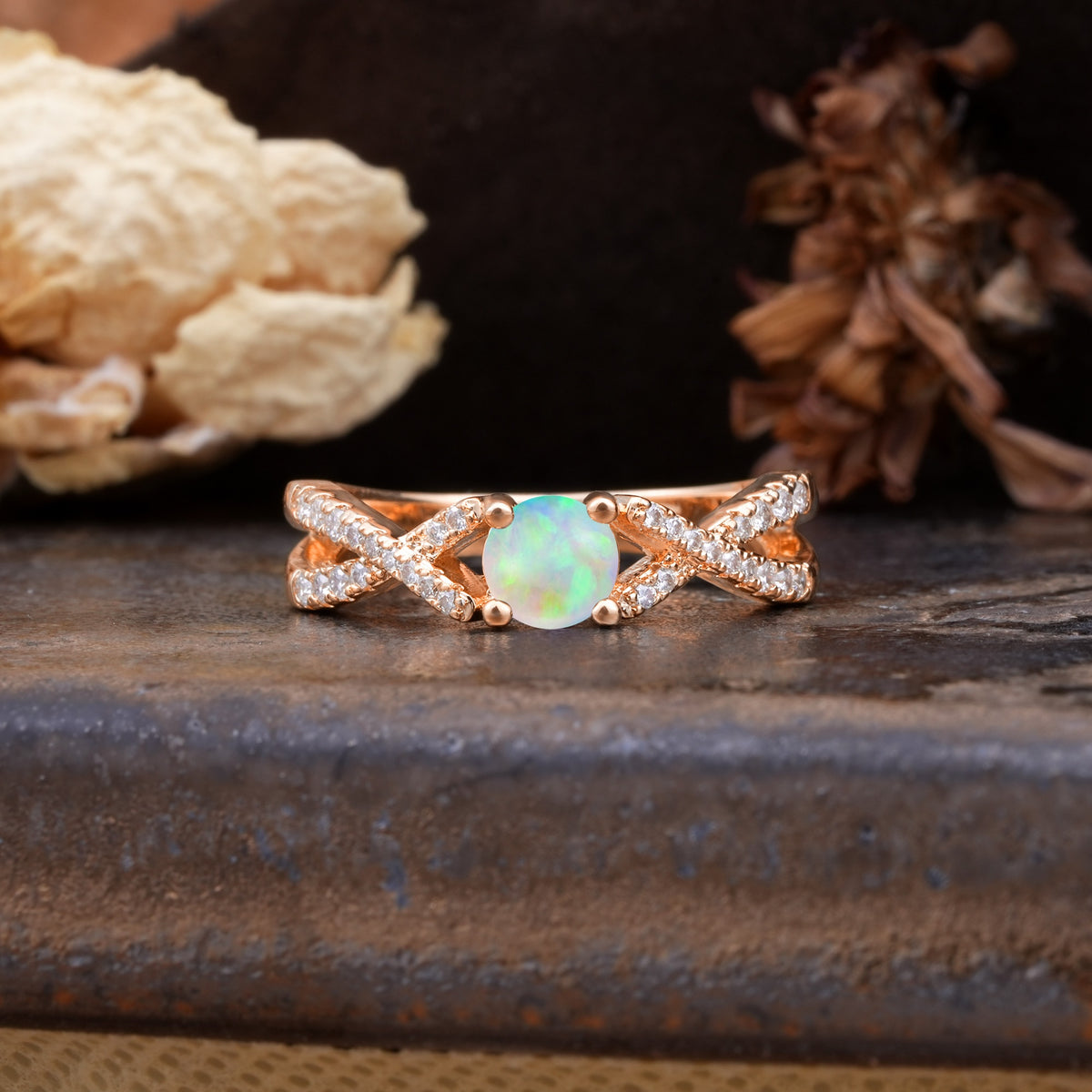 Unique Luxurious Wrap-Around 4-Prong Round Cut Fire Opal Engagement Ring - Additional view