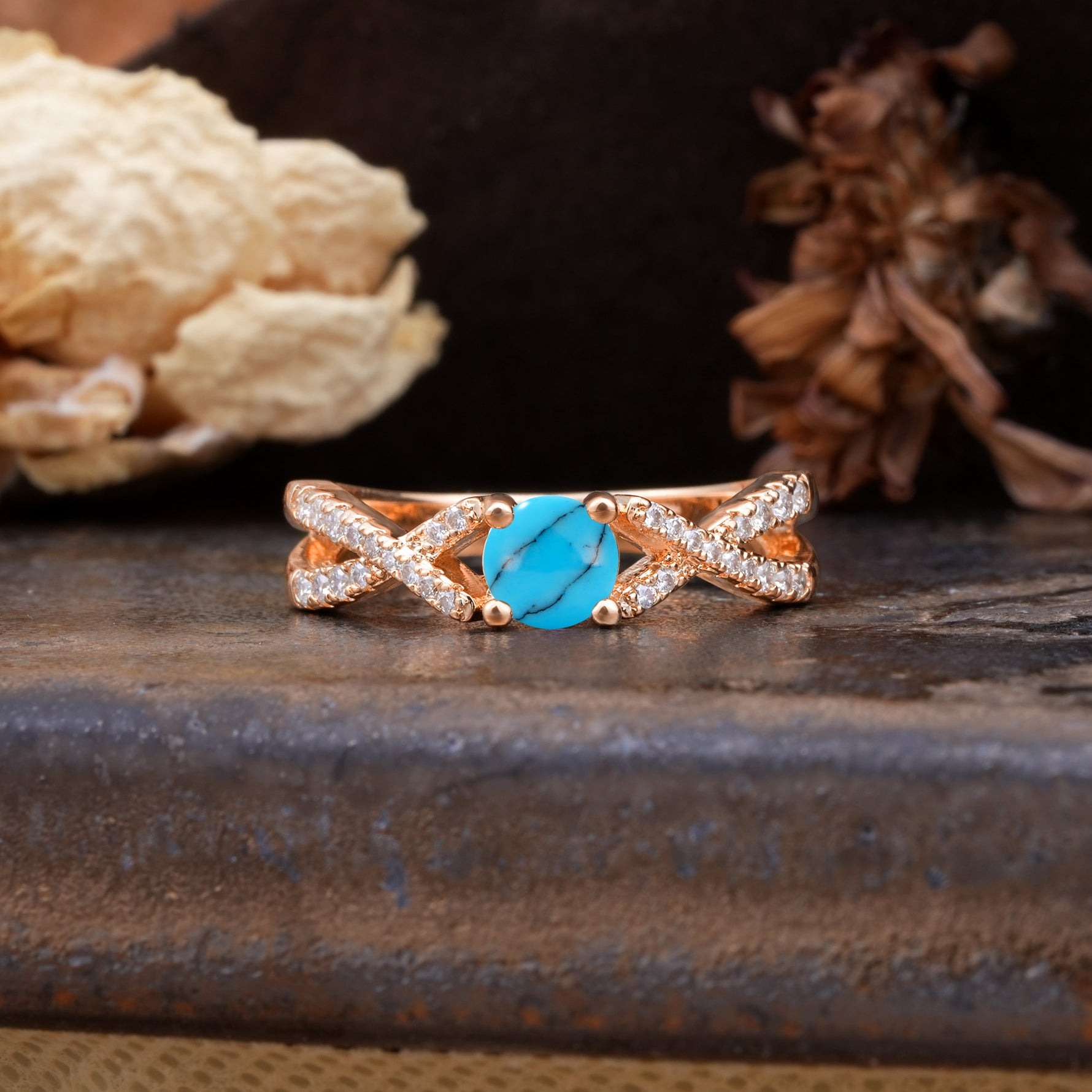 Unique Luxurious Wrap-Around 4-Prong Round Cut Turquoise Engagement Ring - Additional view