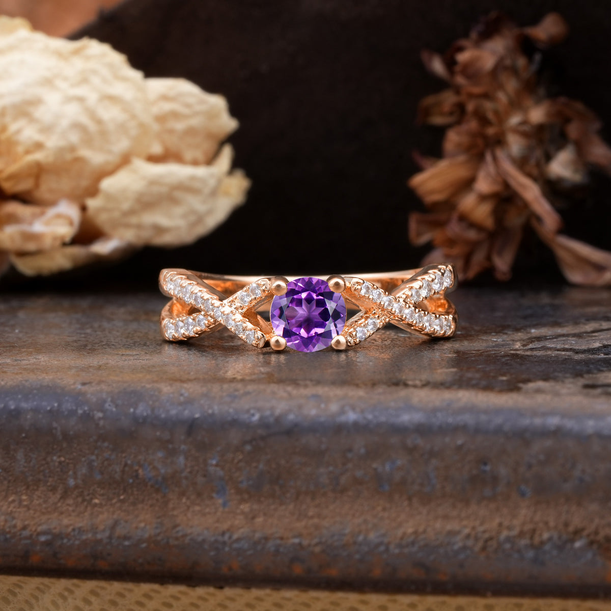 Unique Luxurious Wrap-Around 4-Prong Round Cut Amethyst Engagement Ring - Additional view