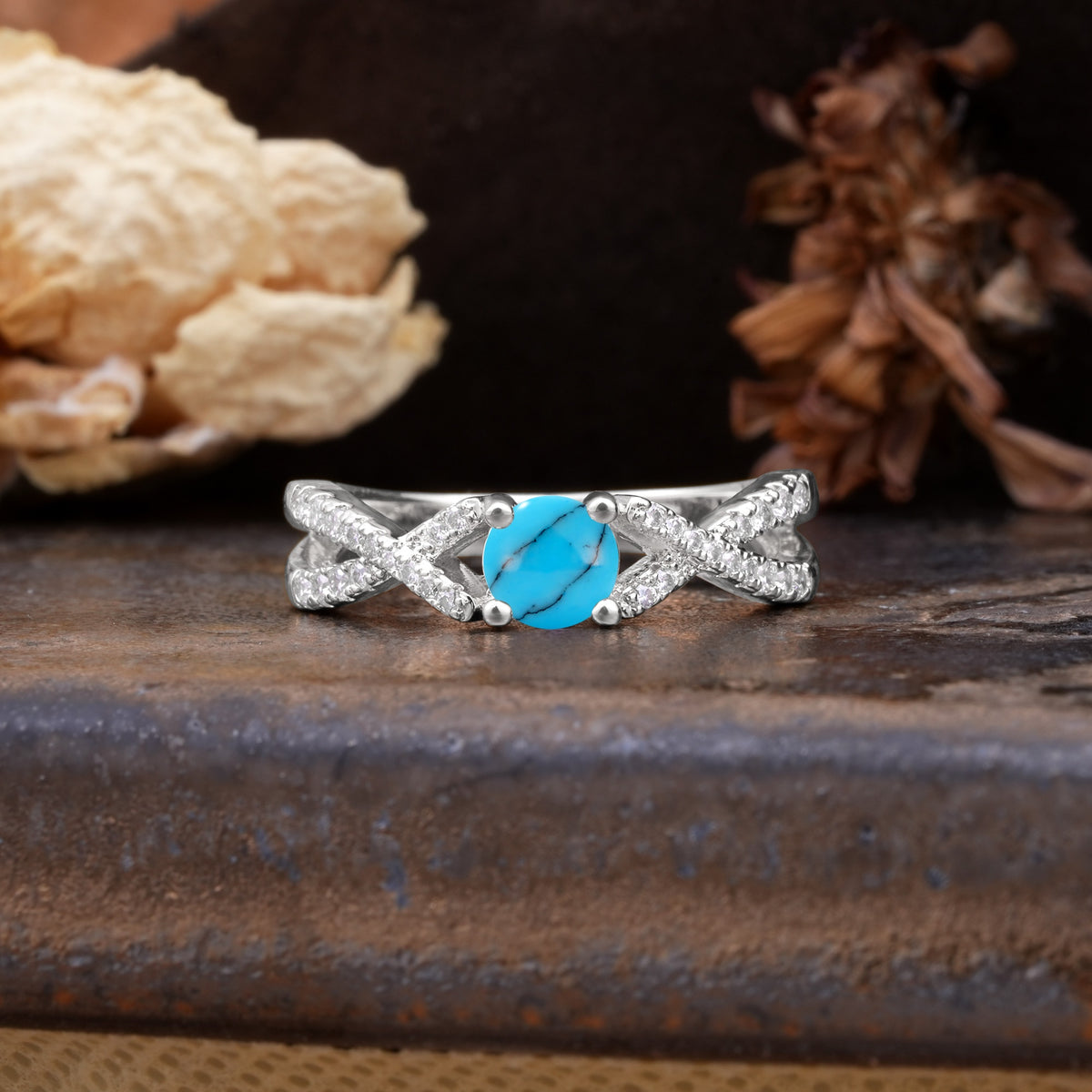 Unique Luxurious Wrap-Around 4-Prong Round Cut Turquoise Engagement Ring - Additional view