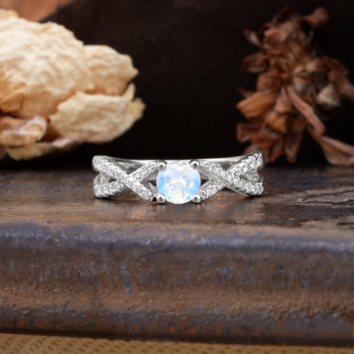 Unique Luxurious Wrap-Around 4-Prong Round Cut Moonstone Engagement Ring - Additional view