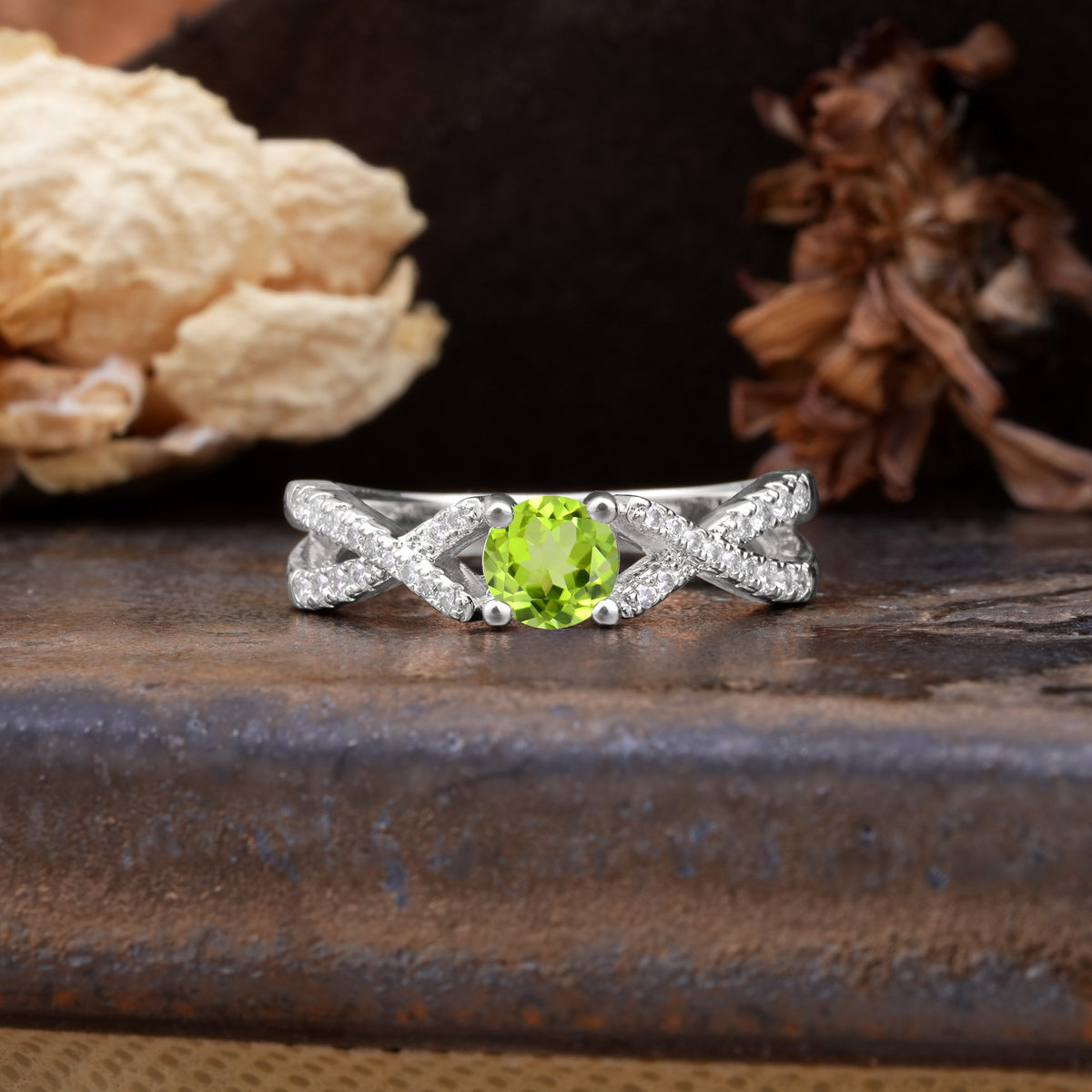 Unique Luxurious Wrap-Around 4-Prong Round Cut Peridot Engagement Ring - Additional view