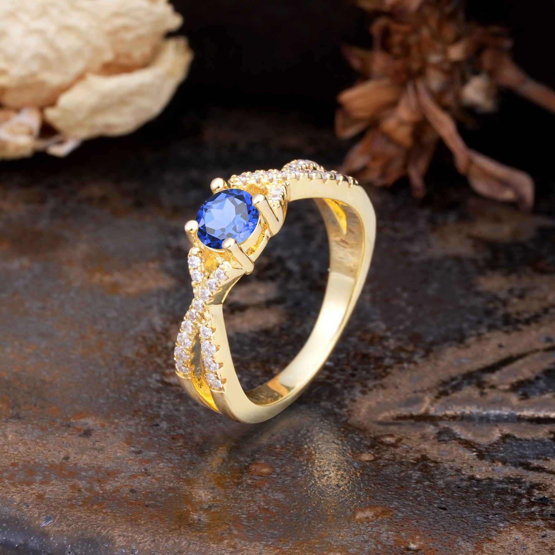 Unique Luxurious Wrap-Around 4-Prong Round Cut Sapphire Engagement Ring - Additional view