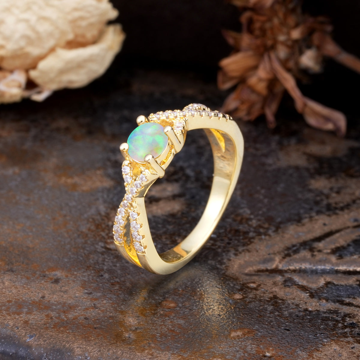 Unique Luxurious Wrap-Around 4-Prong Round Cut Fire Opal Engagement Ring - Additional view