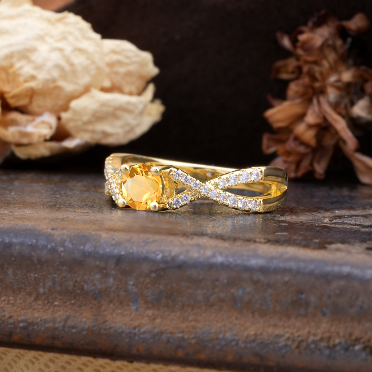 Unique Luxurious Wrap-Around 4-Prong Round Cut Citrine Engagement Ring - Additional view