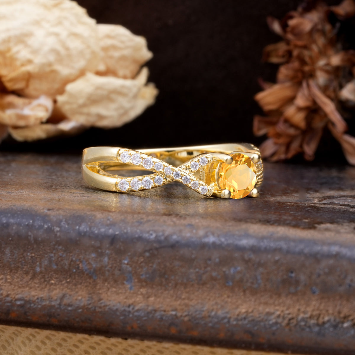 Unique Luxurious Wrap-Around 4-Prong Round Cut Citrine Engagement Ring - Additional view
