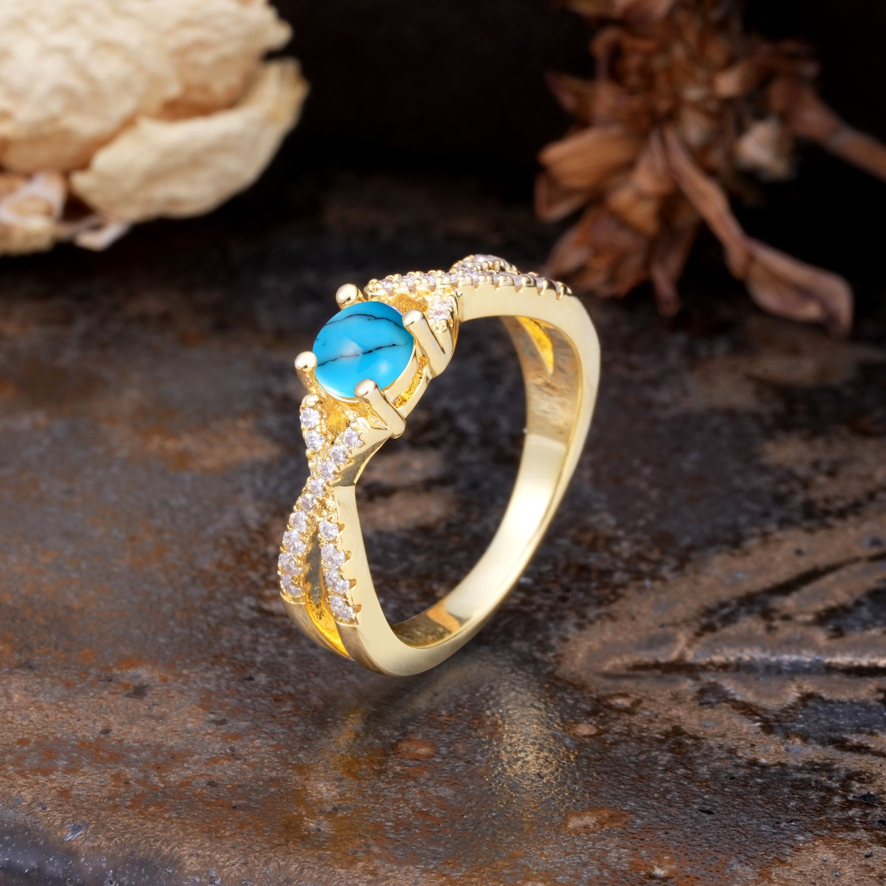 Unique Luxurious Wrap-Around 4-Prong Round Cut Turquoise Engagement Ring - Additional view