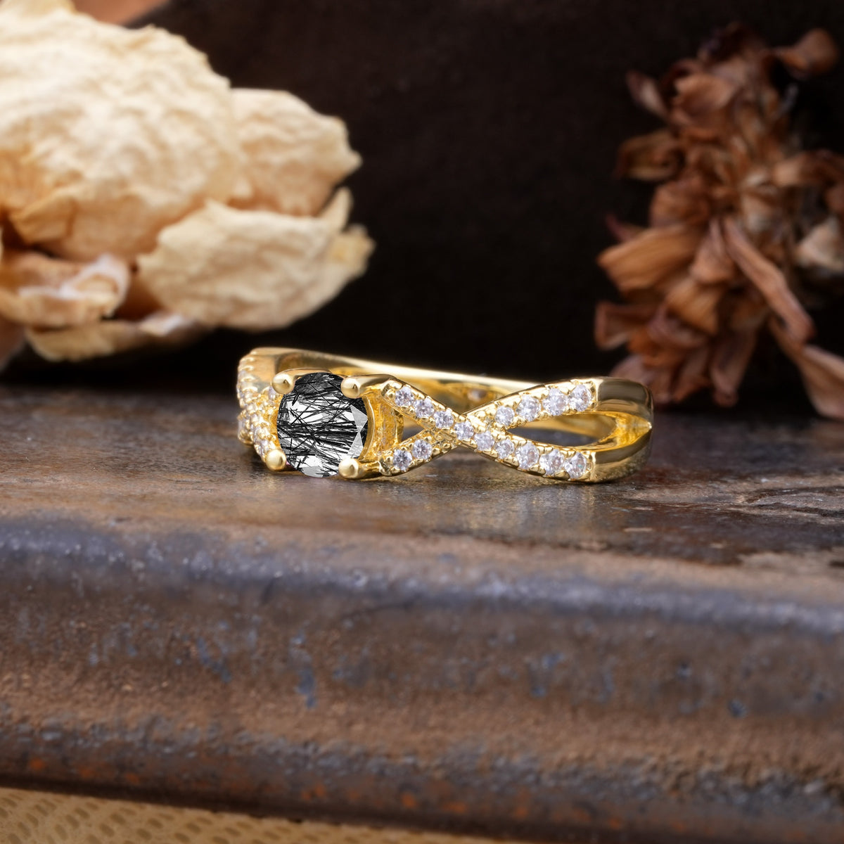 Unique Luxurious Wrap-Around 4-Prong Round Cut Black Rutilated Quartz Engagement Ring - Additional view