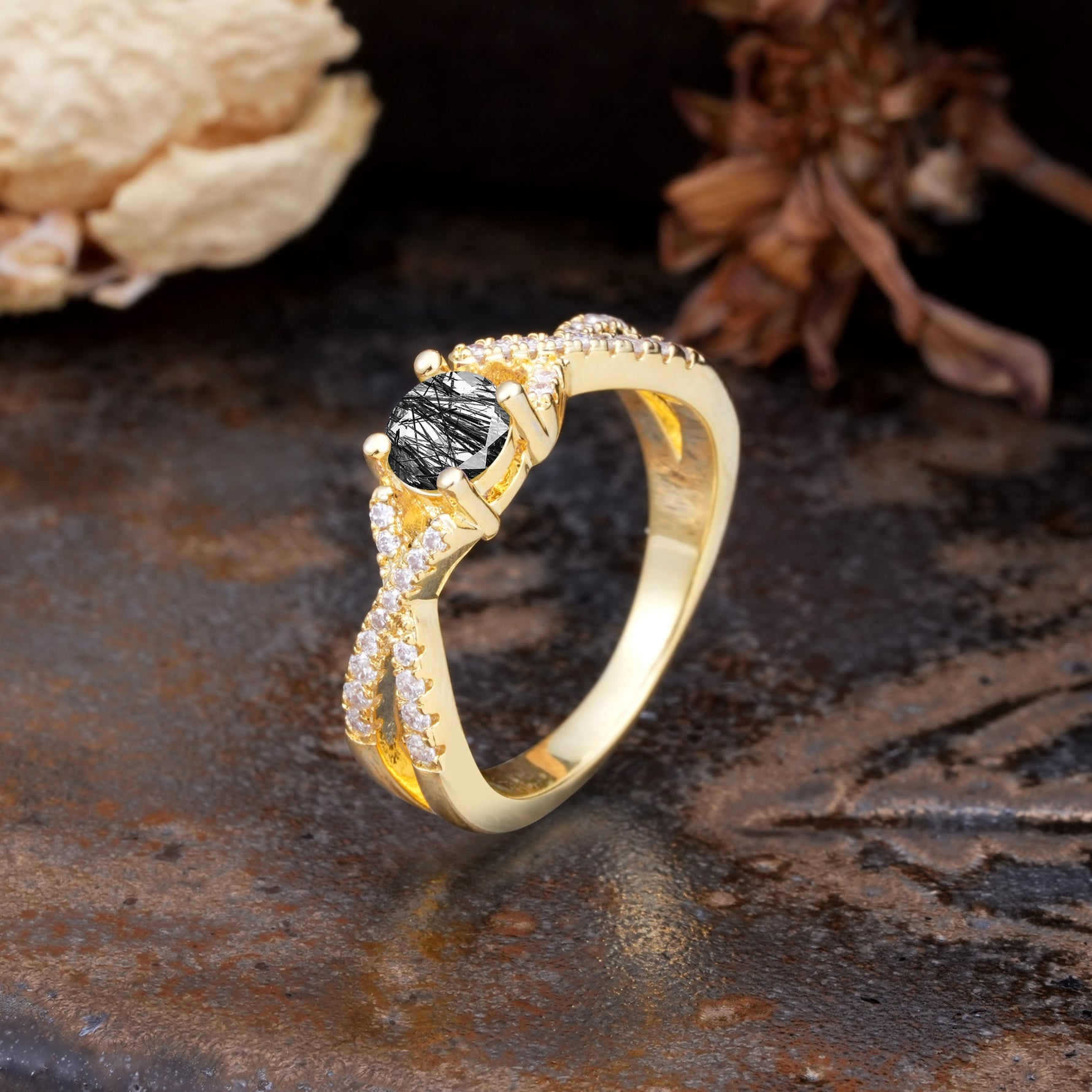 Unique Luxurious Wrap-Around 4-Prong Round Cut Black Rutilated Quartz Engagement Ring - Additional view