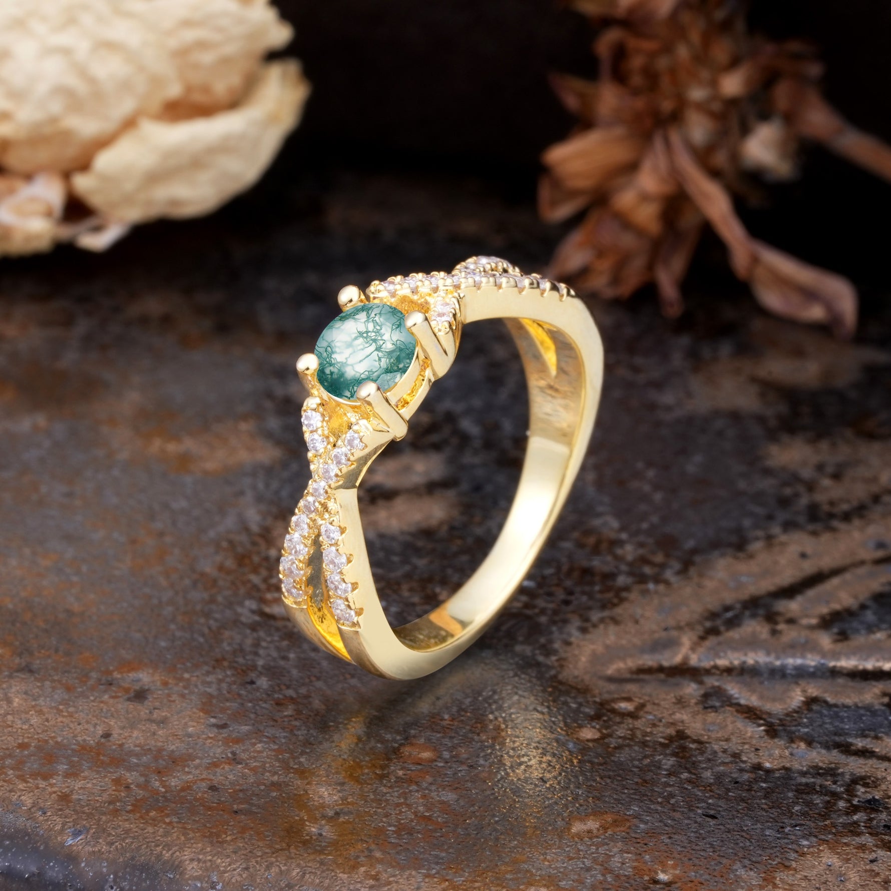 Unique Luxurious Wrap-Around 4-Prong Round Cut Moss Agate Engagement Ring - Additional view