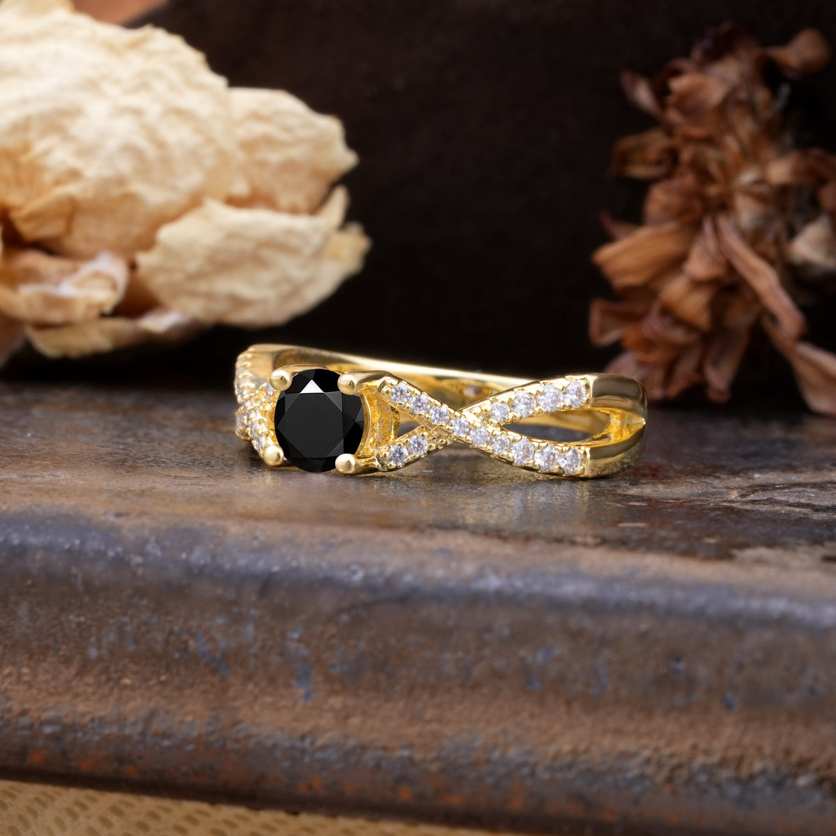 Unique Luxurious Wrap-Around 4-Prong Round Cut Black Onyx Engagement Ring - Additional view
