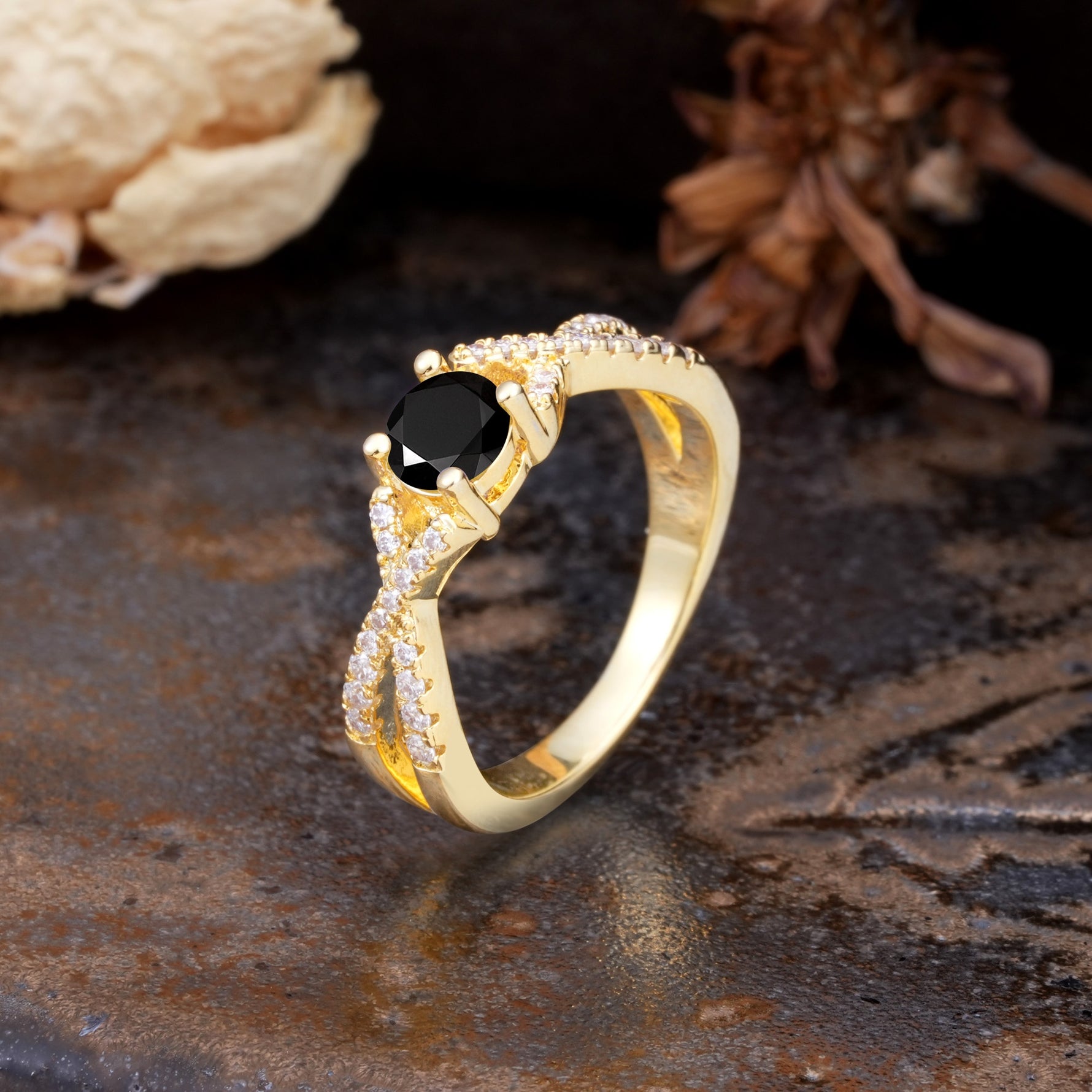 Unique Luxurious Wrap-Around 4-Prong Round Cut Black Onyx Engagement Ring - Additional view