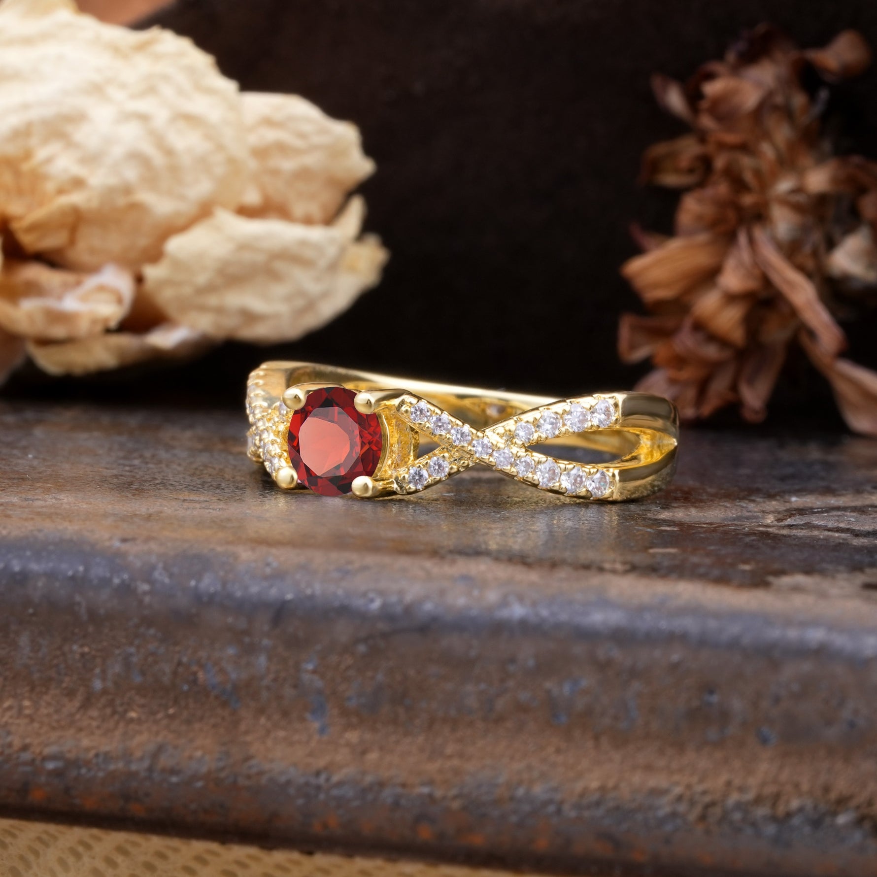 Unique Luxurious Wrap-Around 4-Prong Round Cut Garnet Engagement Ring - Additional view