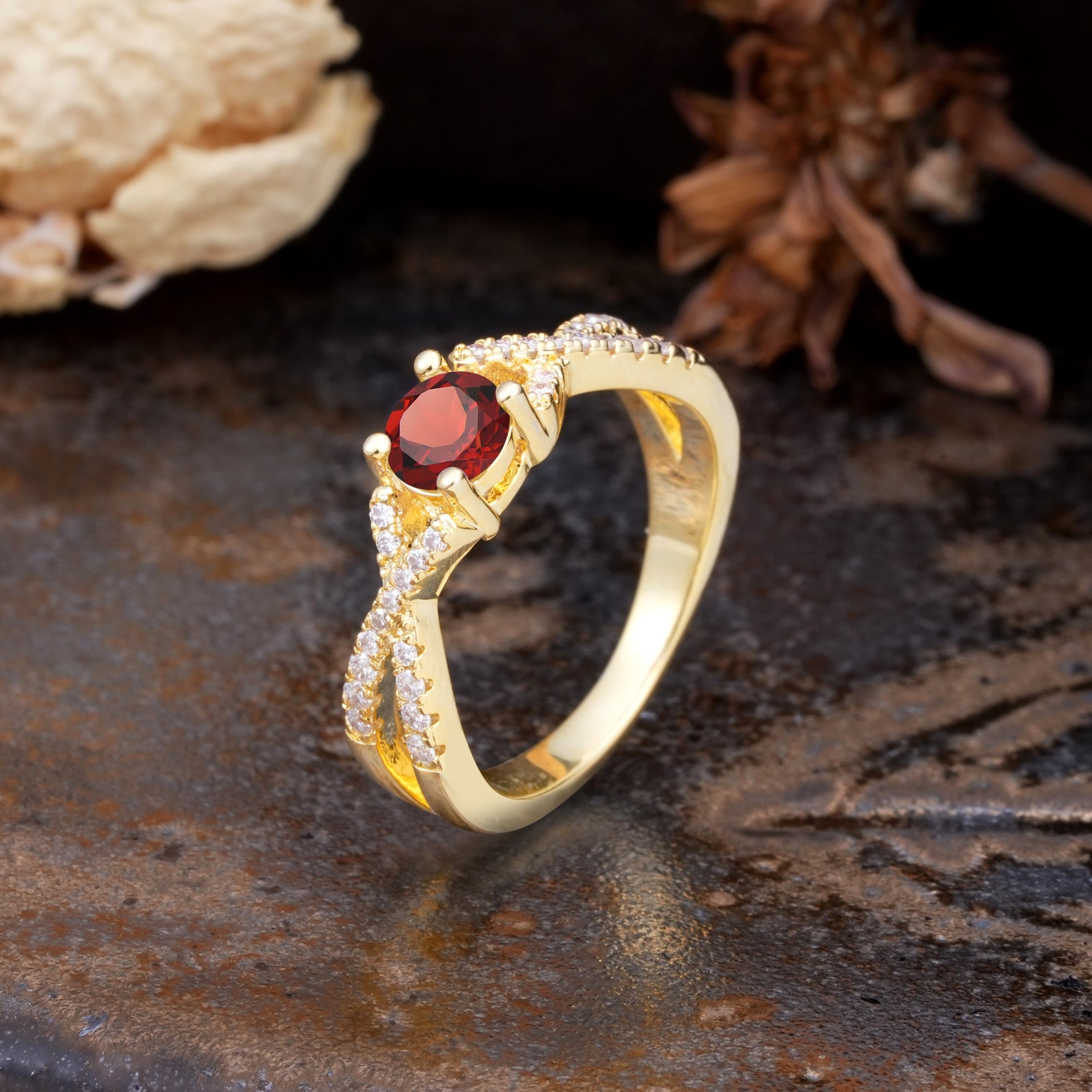 Unique Luxurious Wrap-Around 4-Prong Round Cut Garnet Engagement Ring - Additional view