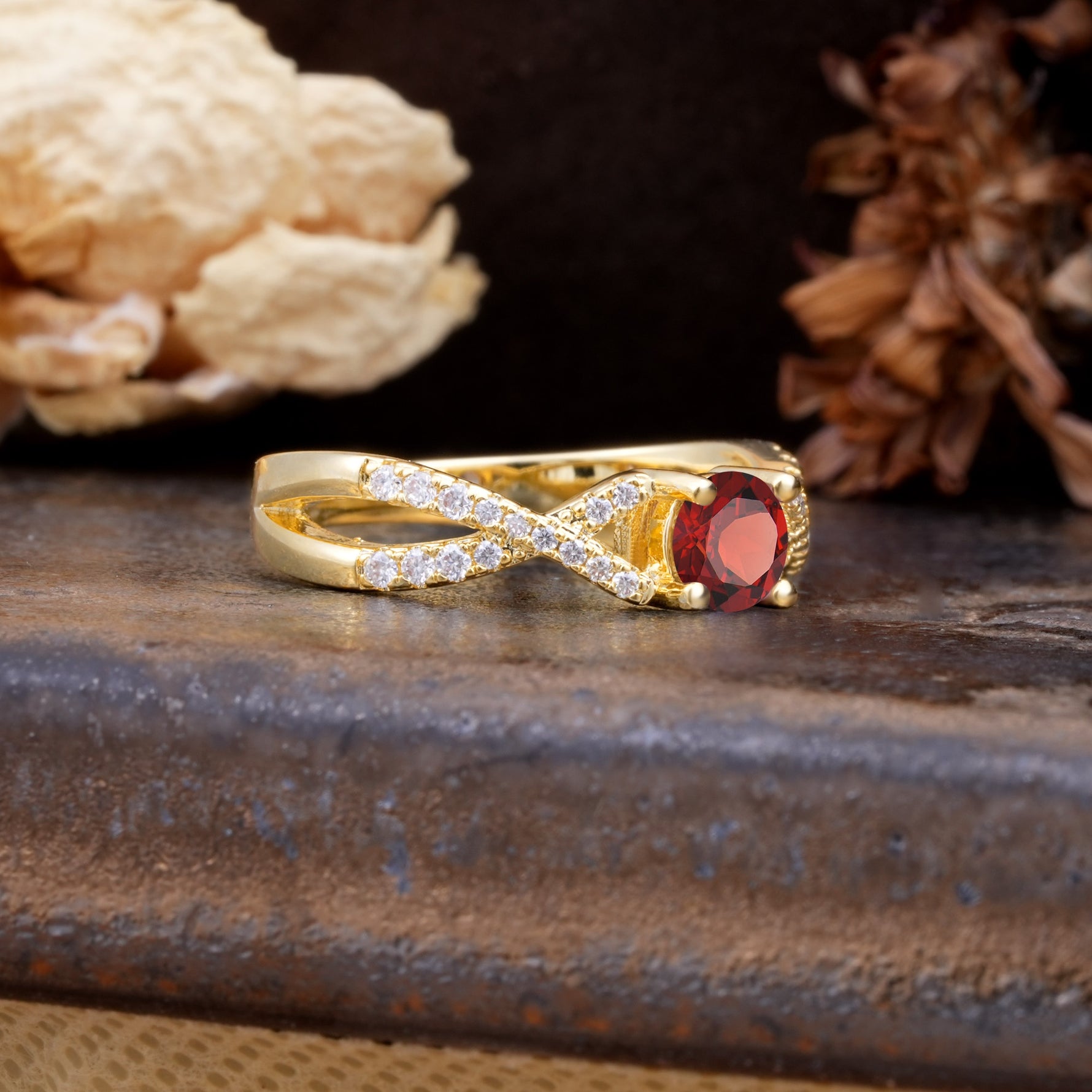 Unique Luxurious Wrap-Around 4-Prong Round Cut Garnet Engagement Ring - Additional view