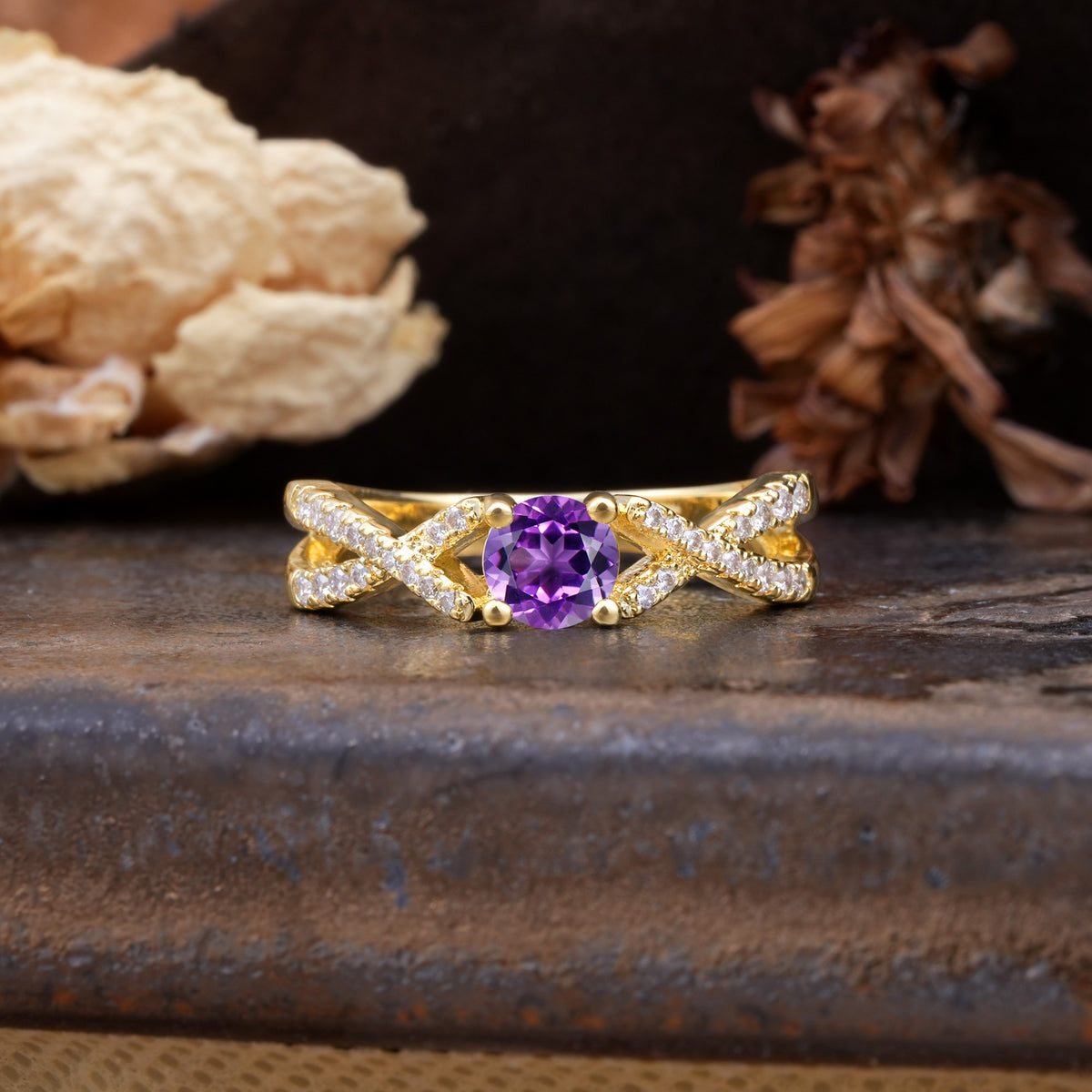 Unique Luxurious Wrap-Around 4-Prong Round Cut Amethyst Engagement Ring - Additional view
