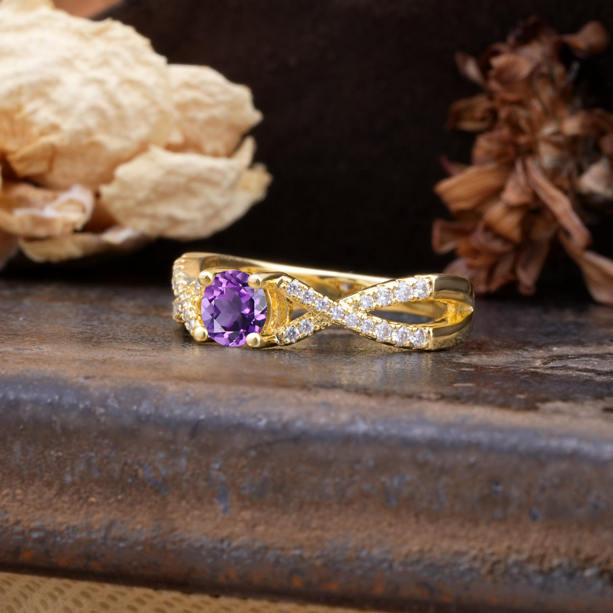 Unique Luxurious Wrap-Around 4-Prong Round Cut Amethyst Engagement Ring - Additional view
