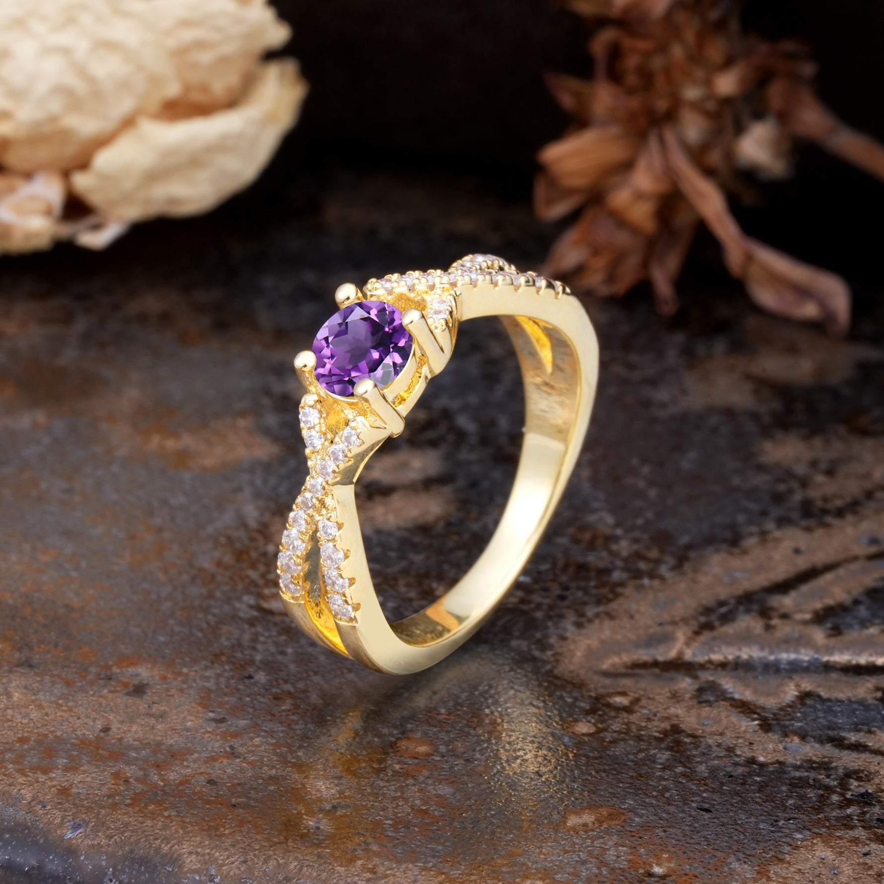 Unique Luxurious Wrap-Around 4-Prong Round Cut Amethyst Engagement Ring - Additional view