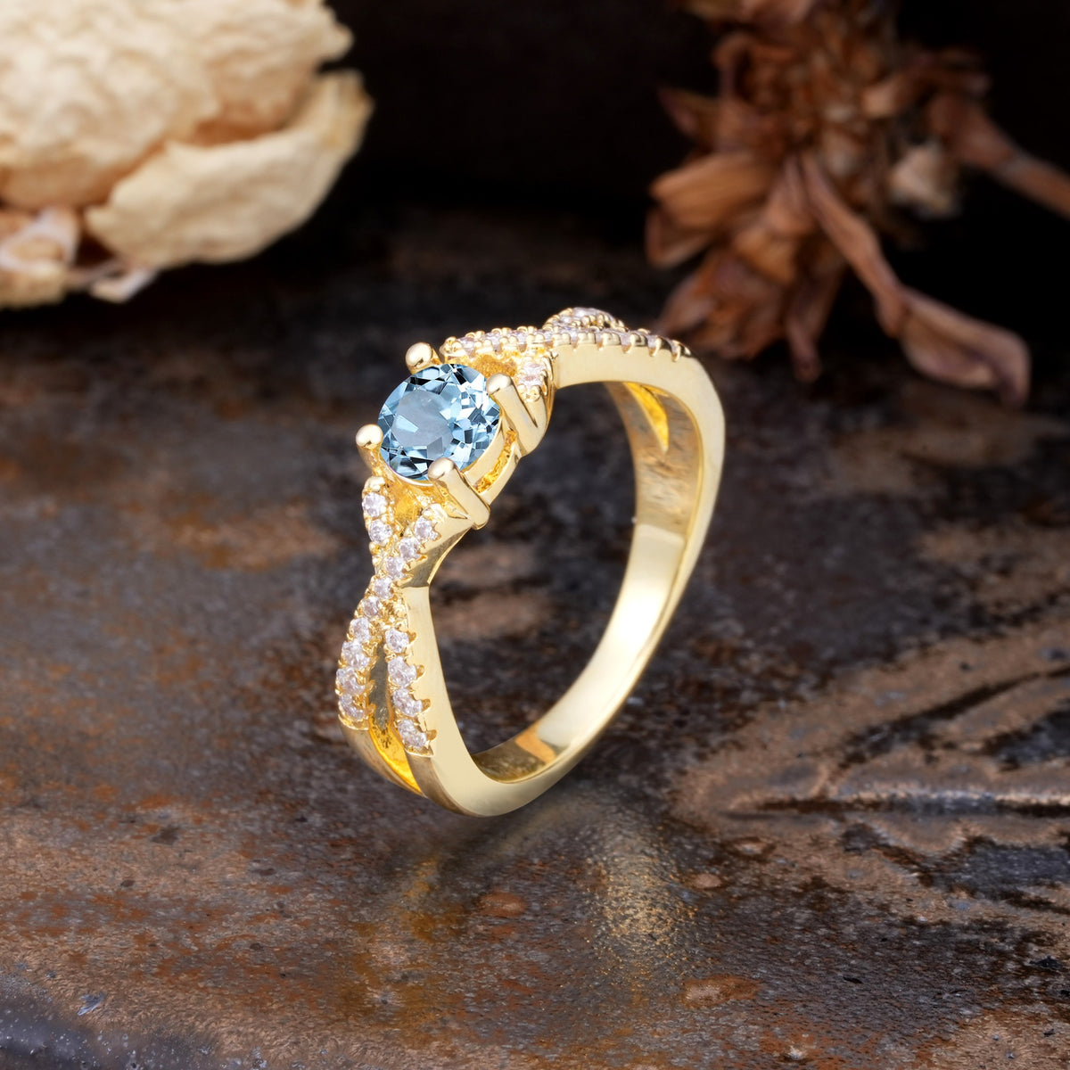 Unique Luxurious Wrap-Around 4-Prong Round Cut Aquamarine Engagement Ring - Additional view