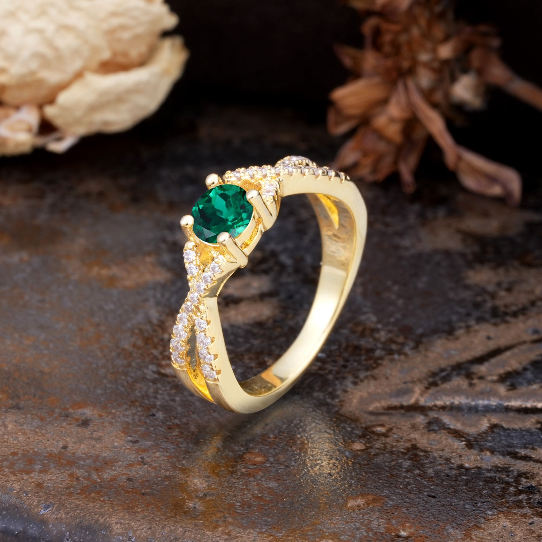 Unique Luxurious Wrap-Around 4-Prong Round Cut Emerald Engagement Ring - Additional view