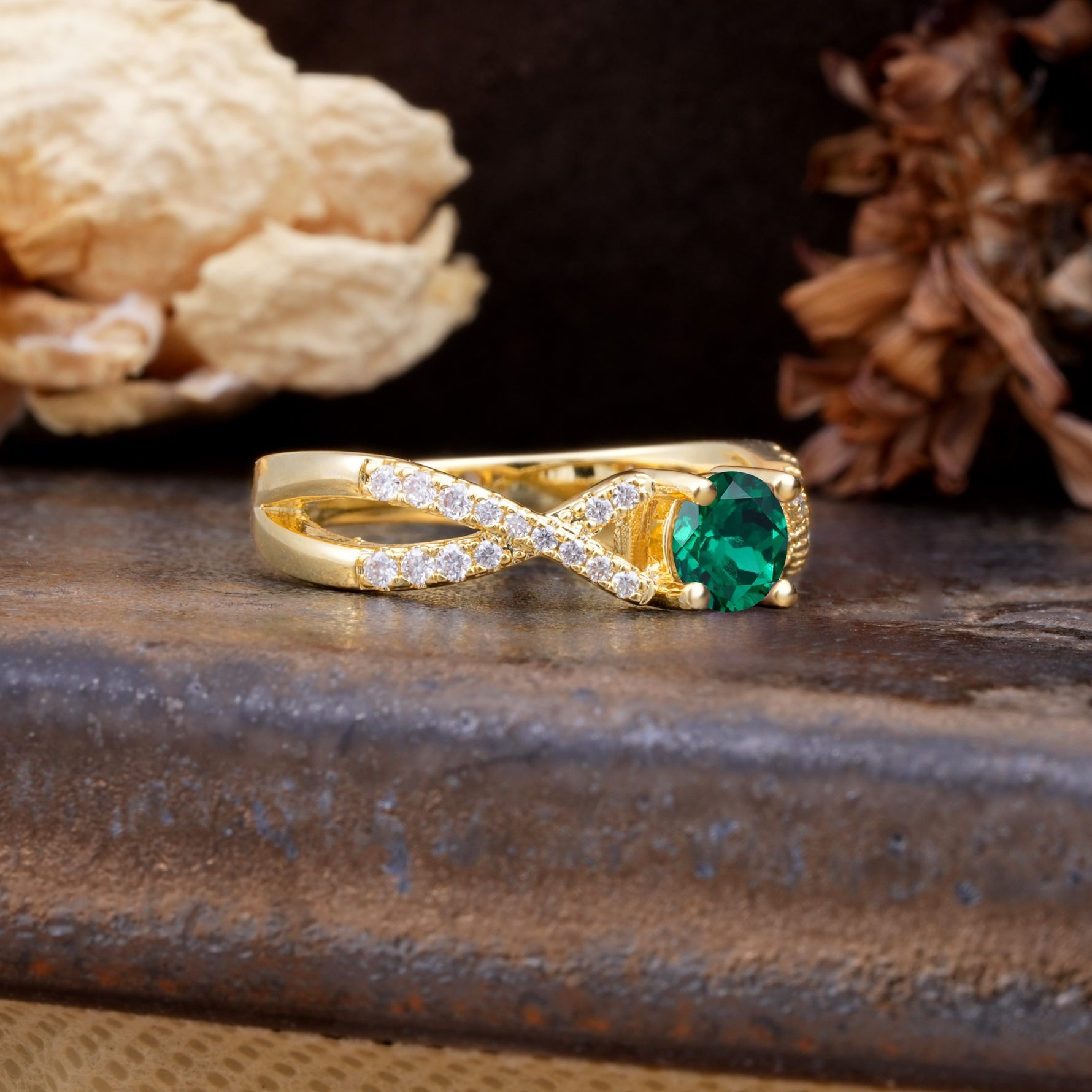 Unique Luxurious Wrap-Around 4-Prong Round Cut Emerald Engagement Ring - Additional view