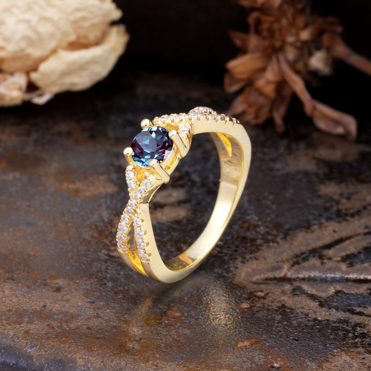 Unique Luxurious Wrap-Around 4-Prong Round Cut Alexandrite Engagement Ring - Additional view