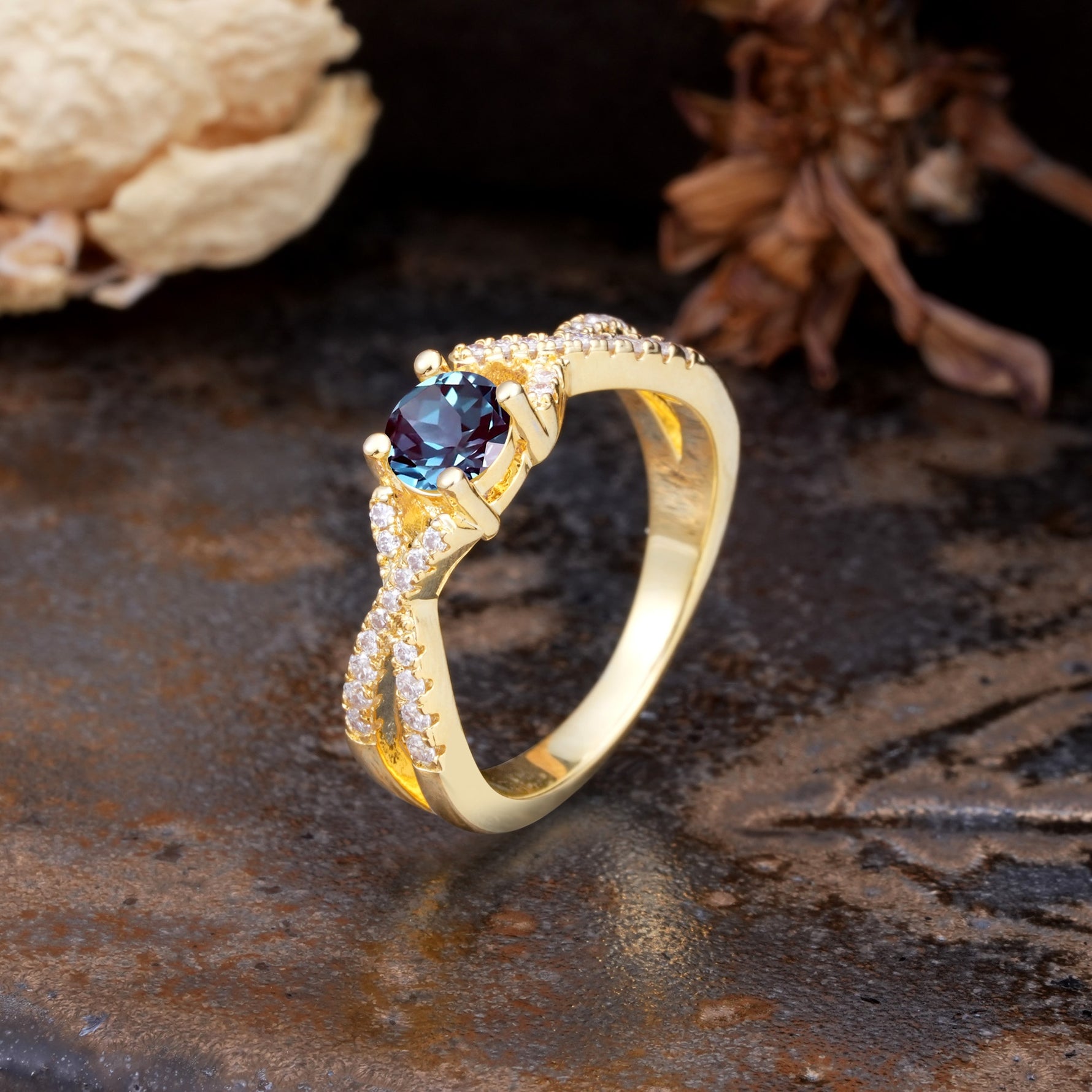 Unique Luxurious Wrap-Around 4-Prong Round Cut Alexandrite Engagement Ring - Additional view