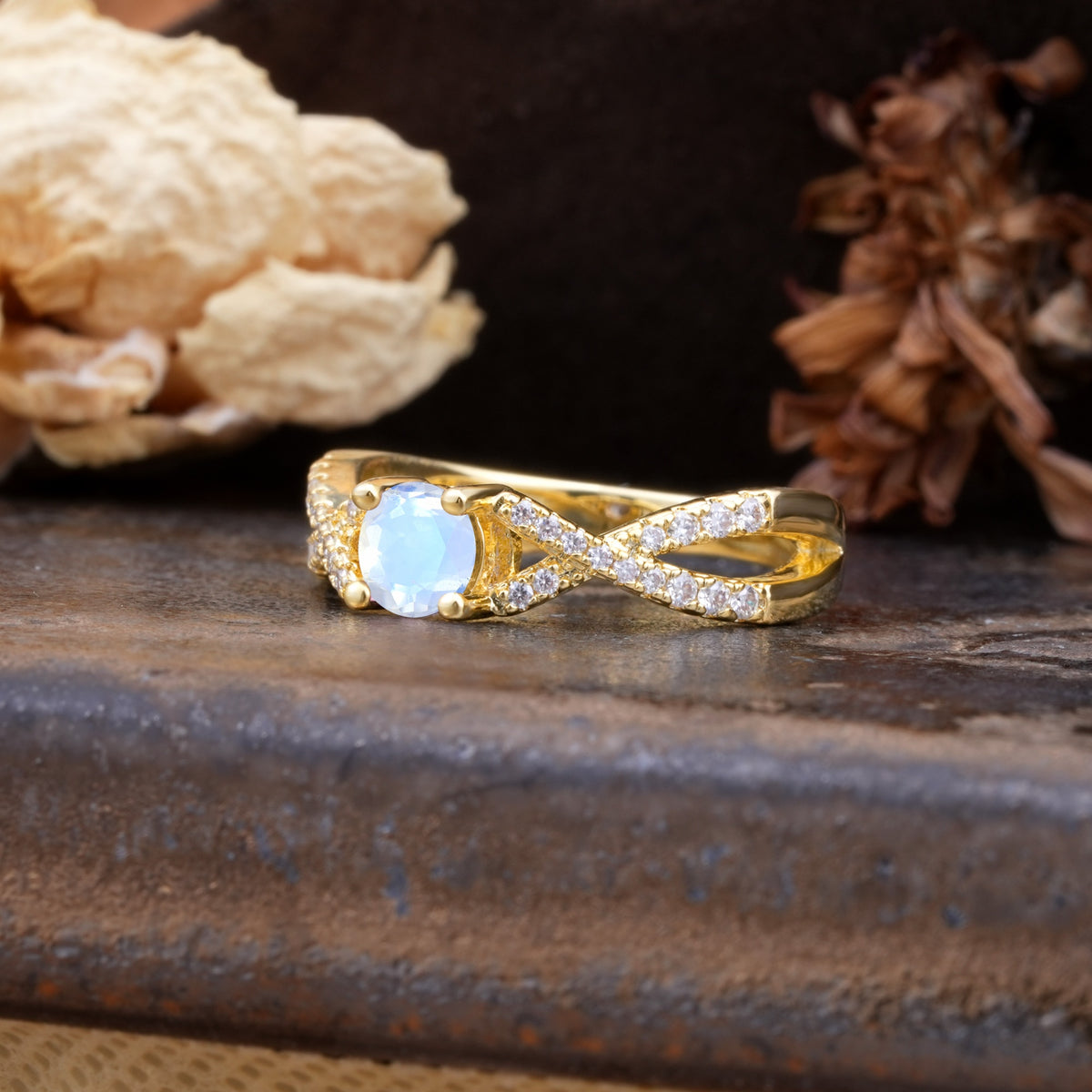Unique Luxurious Wrap-Around 4-Prong Round Cut Moonstone Engagement Ring - Additional view