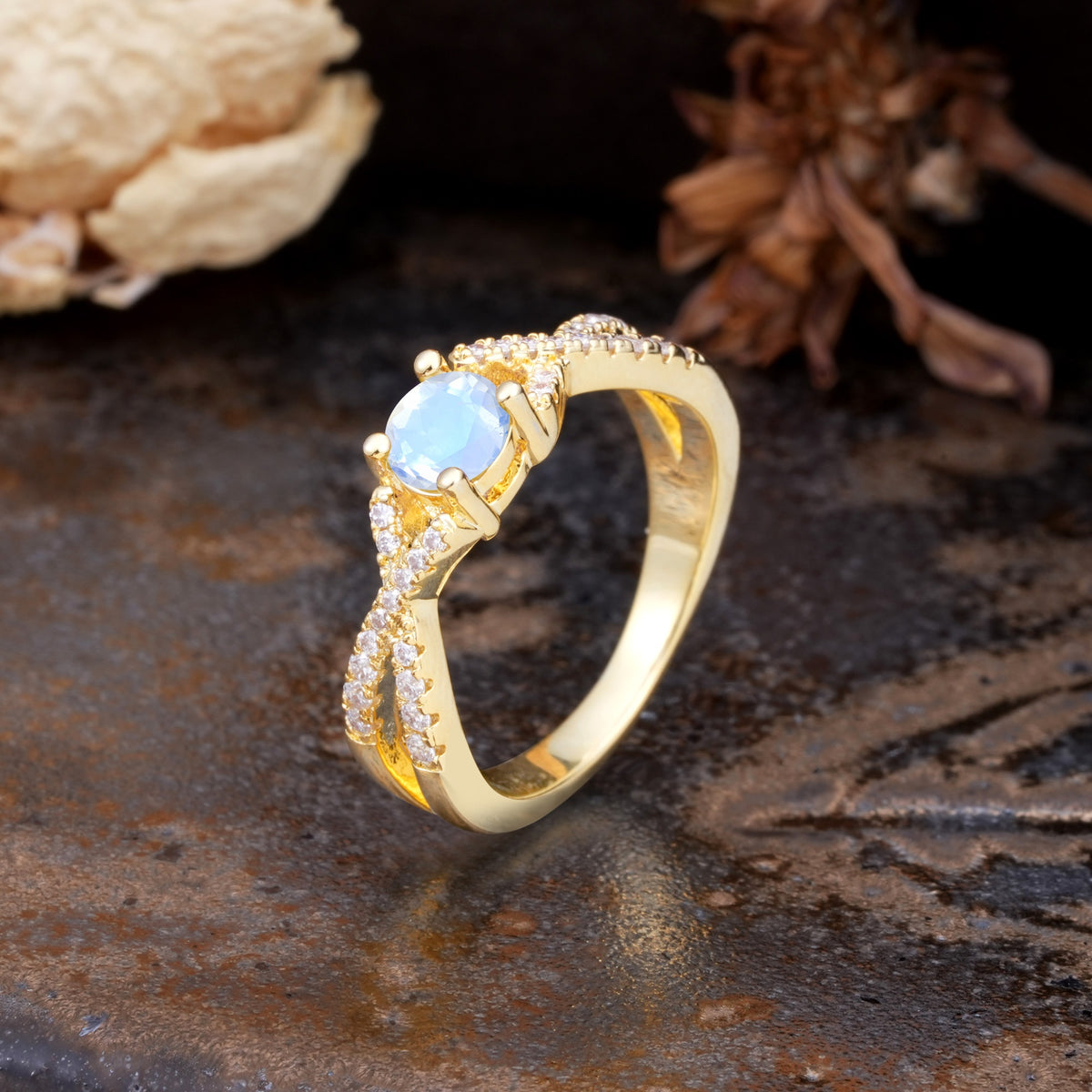 Unique Luxurious Wrap-Around 4-Prong Round Cut Moonstone Engagement Ring - Additional view