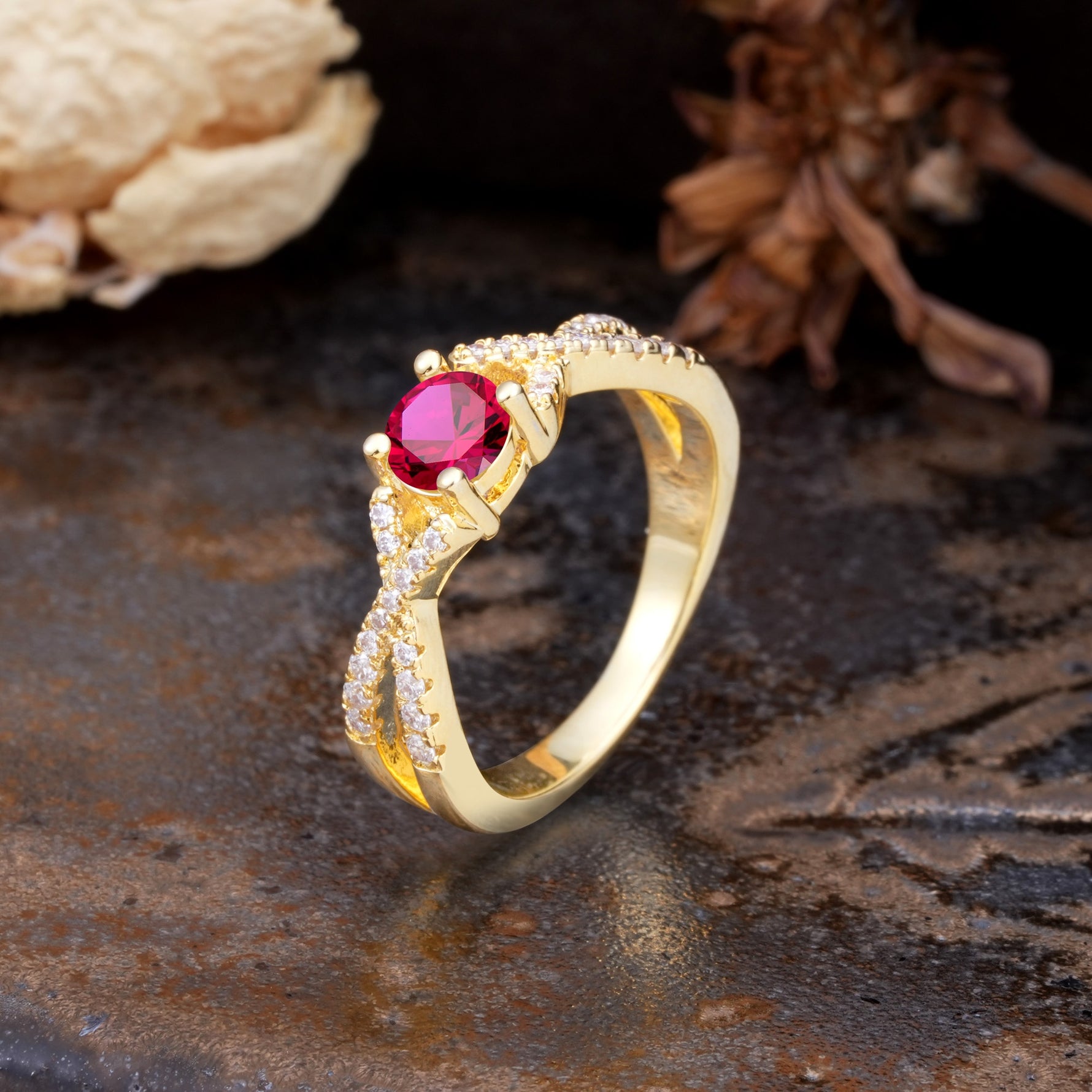Unique Luxurious Wrap-Around 4-Prong Round Cut Ruby Engagement Ring - Additional view
