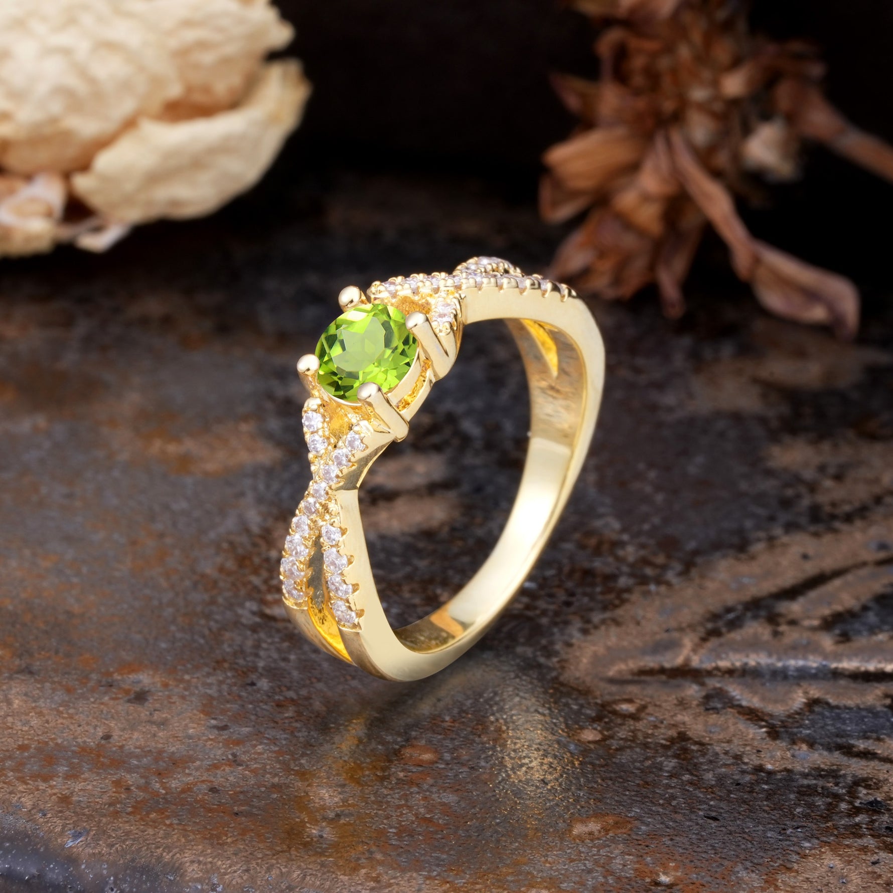 Unique Luxurious Wrap-Around 4-Prong Round Cut Peridot Engagement Ring - Additional view