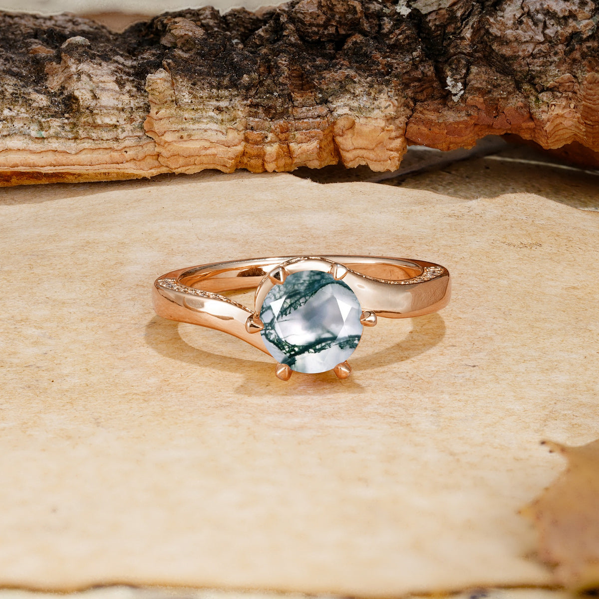 Classic Unique 6-Prong Round Cut Moss Agate Engagement Ring - Additional view