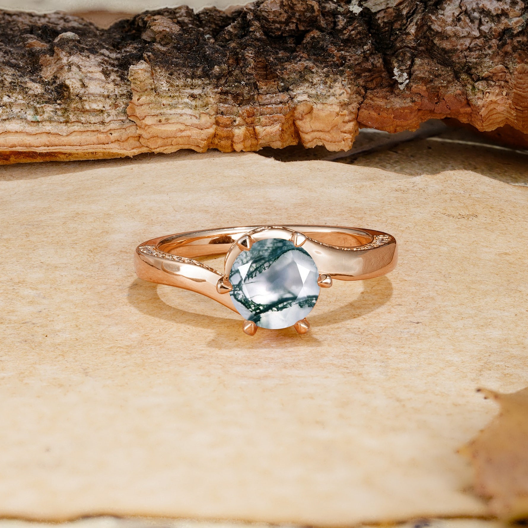Classic Unique 6-Prong Round Cut Moss Agate Engagement Ring - Additional view