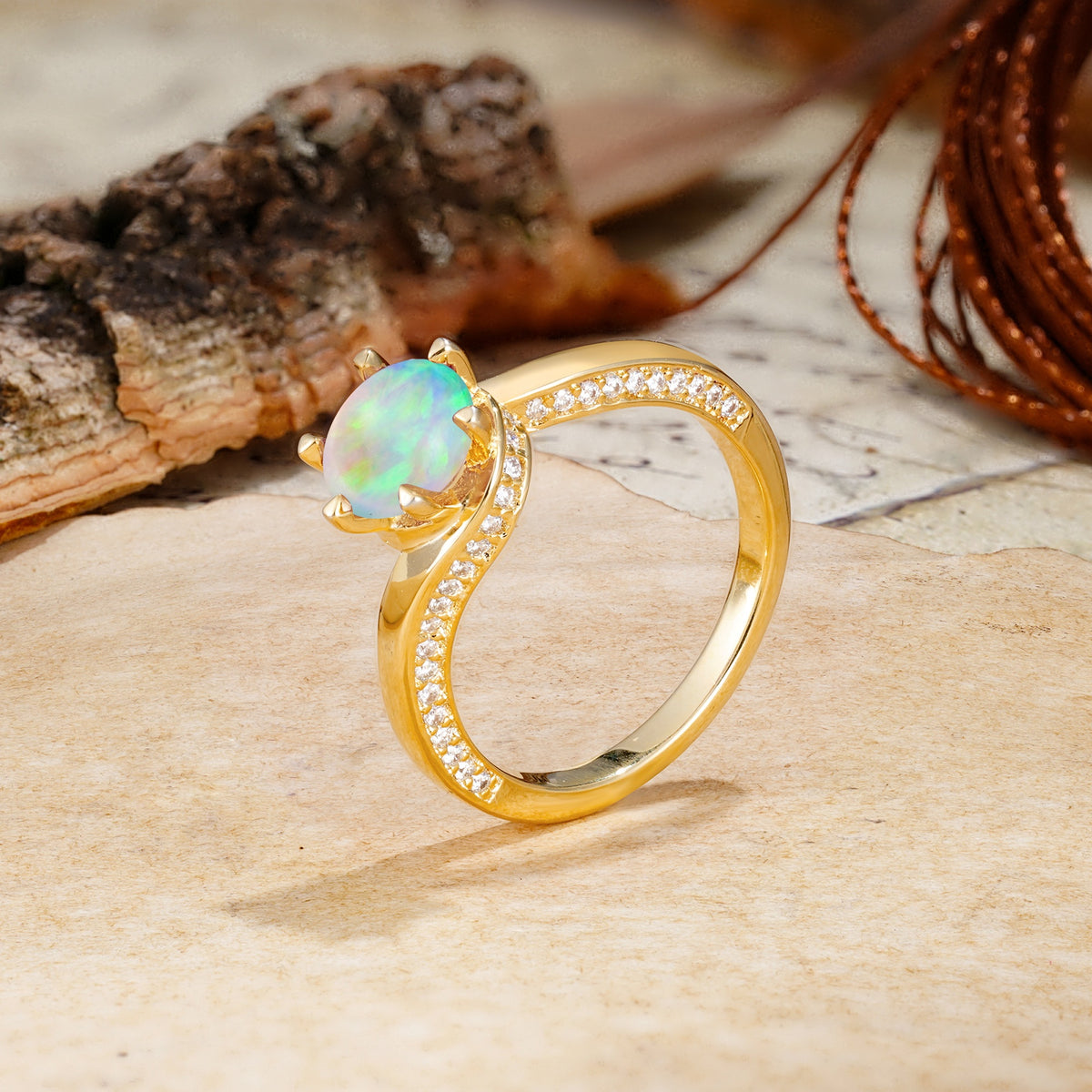 Classic Unique 6-Prong Round Cut Fire Opal Engagement Ring - Additional view