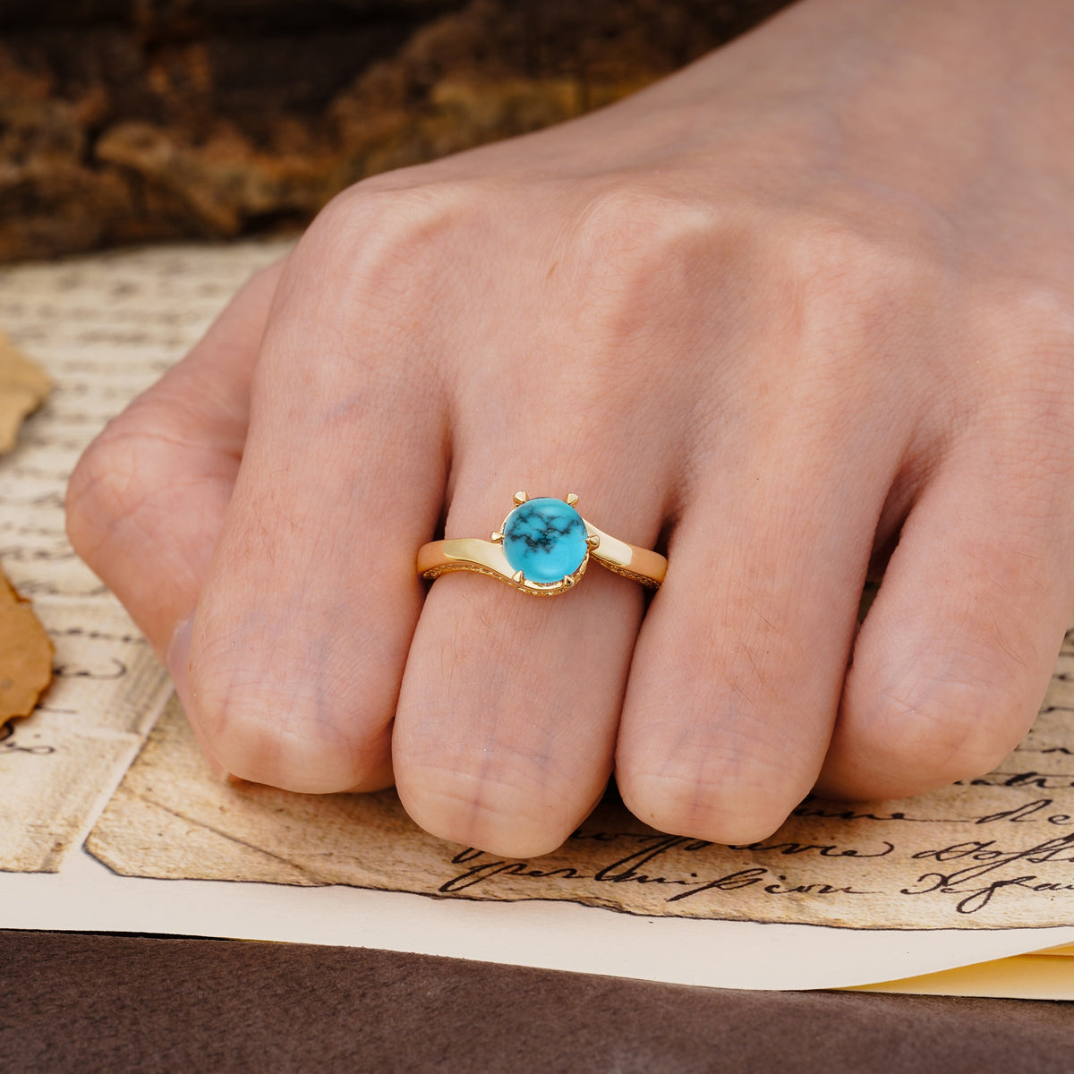 Classic Unique 6-Prong Round Cut Turquoise Engagement Ring - Additional view